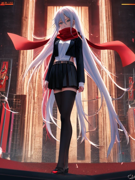 Anime girl with long hair and red scarf standing in front of the crowd, 4K anime style, 4k anime wallpapers, 4k anime wallpapers, Anime wallpaper 4K, Badass anime 8 K, Anime art wallpaper 4k, Anime art wallpaper 4k, 4k manga wallpapers, Anime art wallpaper 8k, style of anime. 8K, female anime character
