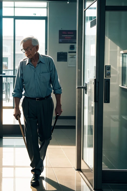 An old man tapping on the glass of an automatic door with a walking stick