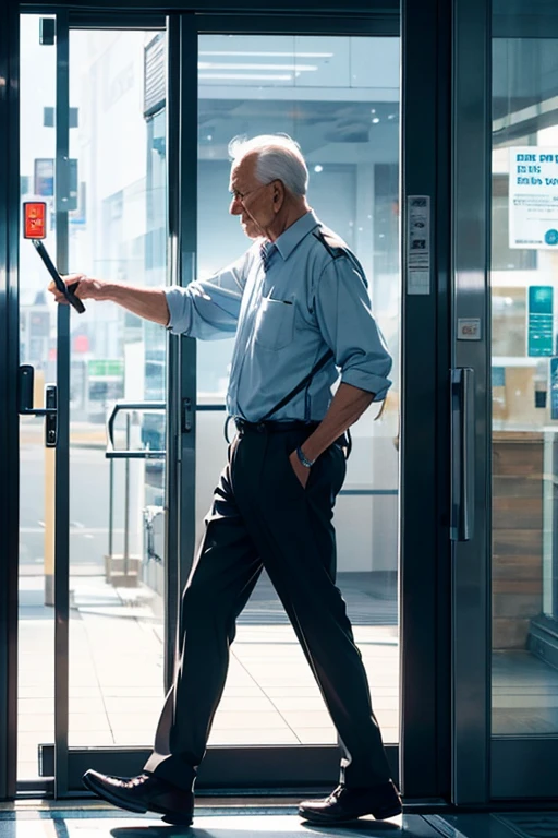 An old man tapping on the glass of an automatic door with a walking stick