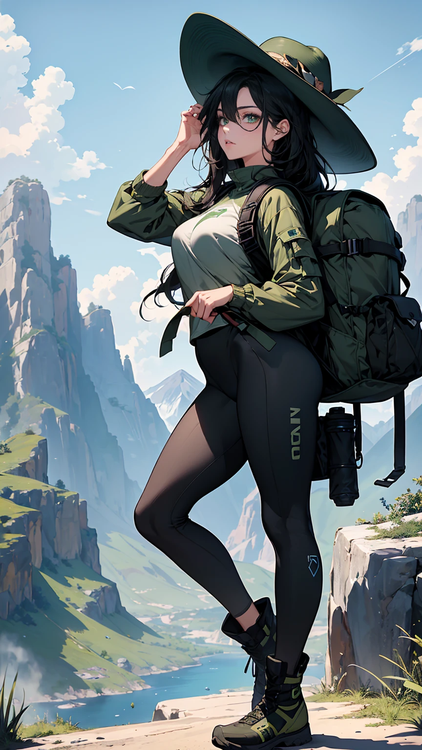 (masterpiece, Best quality, A high resolution, ultra detailed),(beautiful and aesthetically pleasing:1.2), (1 woman), adult, perfect body, wavy black hair, ((green eyes)), detailed eyes and face, (full body), Hiking Adventure Gear: Moisture-wicking leggings, Performance top, Hiking boots, Backpack, Wide-brim hat, Sunglasses