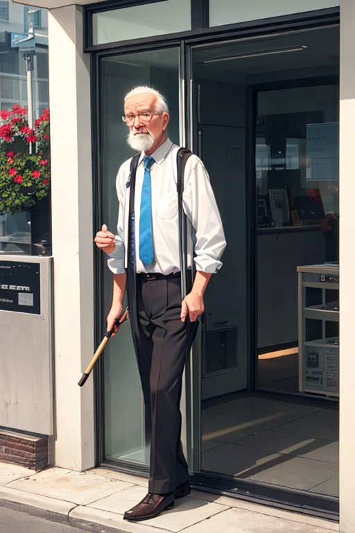 An old man tapping on the glass of an automatic door with a walking stick