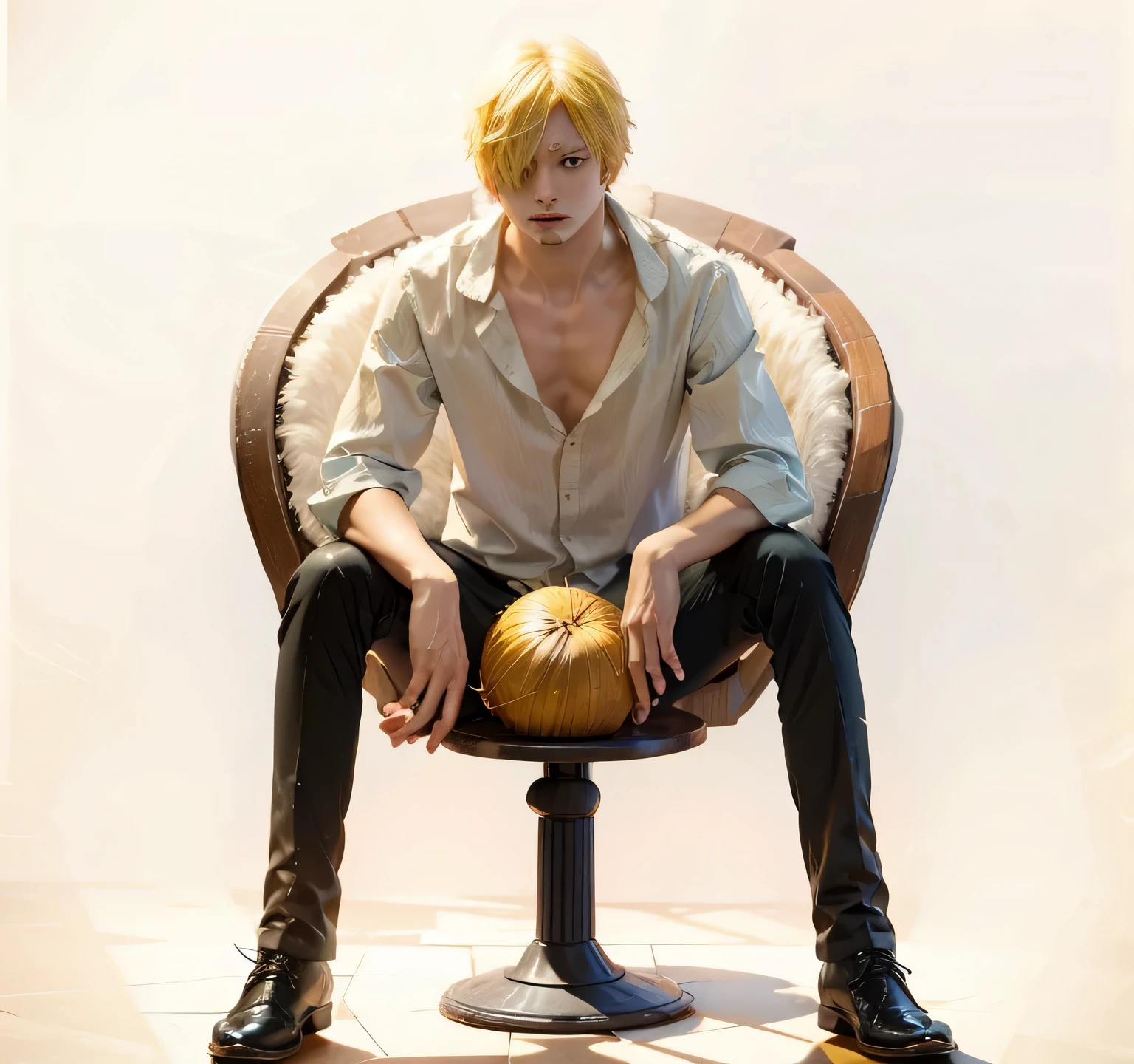 1 man, Sanji from the anime One Piece, short hair , yellow hair, black eye, good looking, black clothes, realistic clothes, details clothing, background in the room, Super detailed, realistic