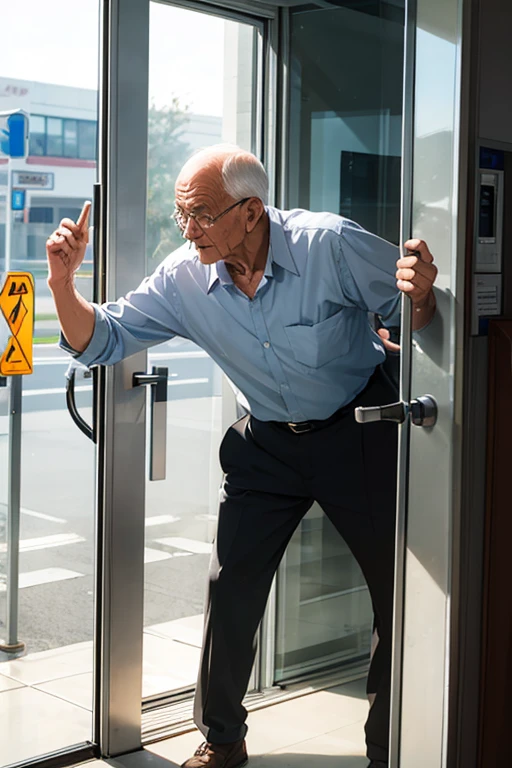 An old man knocking on the glass of an automatic door from outside