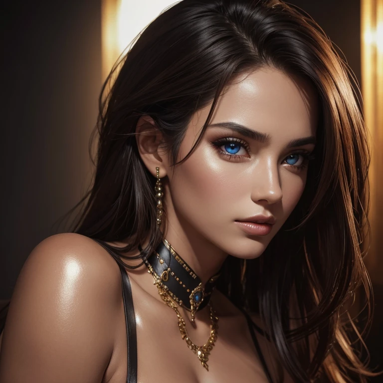 (best quality,4k,highres),realistic,portrait,leather,sexy,beautiful detailed face,gorgeous hair,detailed eyes and lips,well-defined body,alluring pose,vivid colors,studio lighting,shiny textures,fierce expression