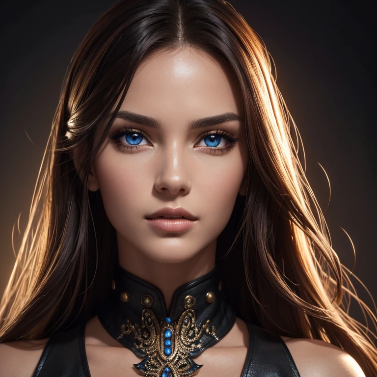 (best quality,4k,highres),realistic,portrait,leather,sexy,beautiful detailed face,gorgeous hair,detailed eyes and lips,well-defined body,alluring pose,vivid colors,studio lighting,shiny textures,fierce expression