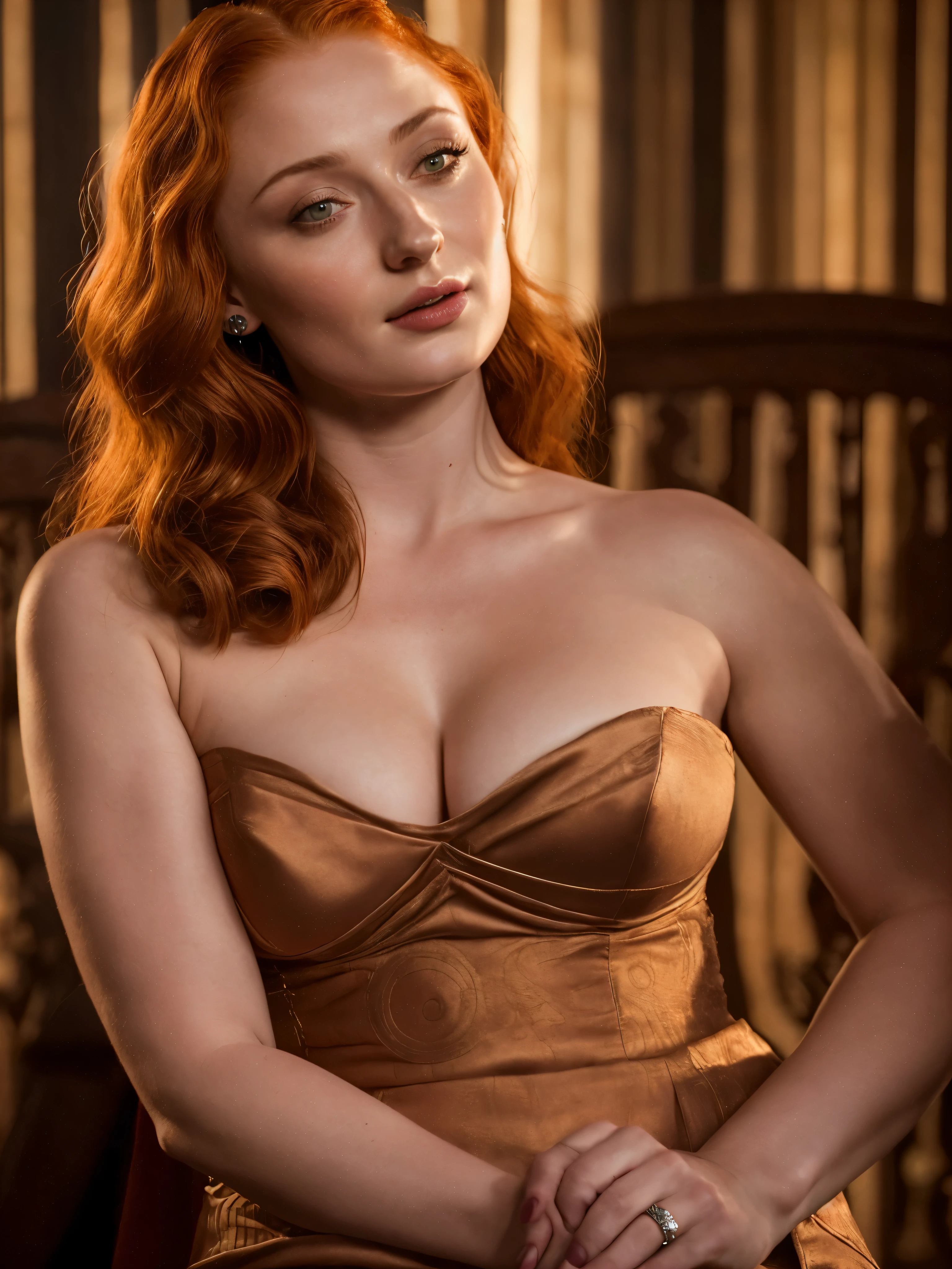Face of Sophie Turner, Sansa Stark played by Sophie Turner, the de facto Lady of the Eyrie, is a 40-year-old mature queen with a stunning, alluring appearance. Full Face, pierced eyes, reddish lips, upper body shot, erotic Mediaeval costumes, game of thrones costumes, She wears a Game of Thrones-inspired costume and has a deep cleavage, a perfect thick body, and a perfect thick figure. The photograph captures her in a close-up, with her skin texture and facial features being ultra-realistic and realistic.