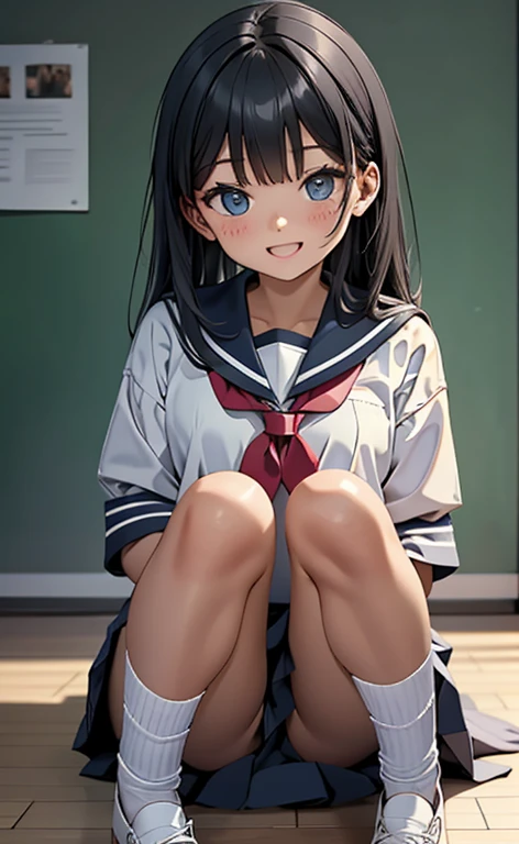 ((masterpiece、top-quality:1.5、a high chroma:1.5、ultra-detailliert、high-resolution illustrations:1.5、Ultra-high-definition CG、8k size wallpaper、offcial art))、(portrait,cowboy shot)、(1girl),Open mouth happy smile,cute face,big eyes、
,(sitting,knees up:1.3),
,(sexy body),(sailor uniform,mini skirt),(long black hair), (small breasts)、
、classroom,JK