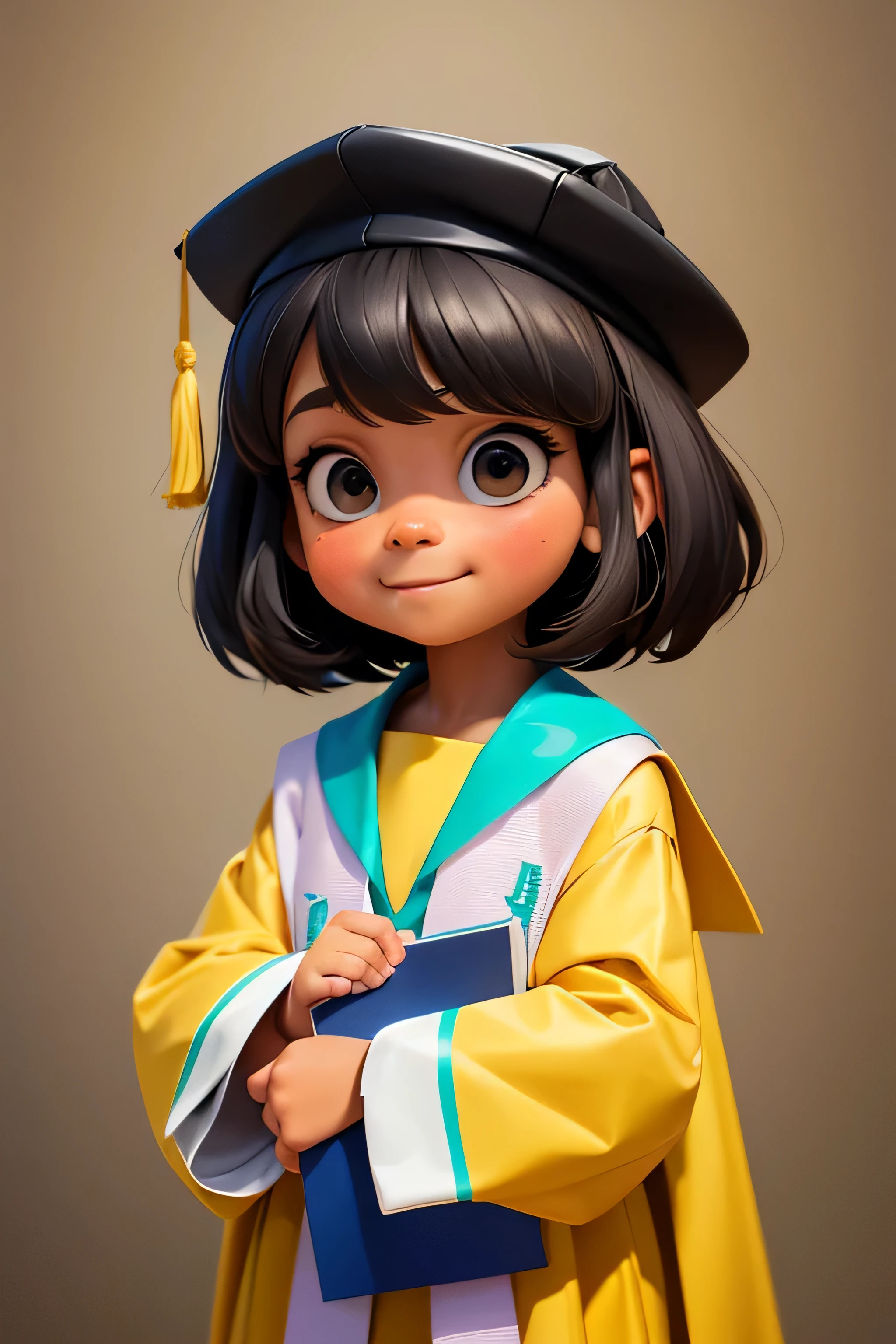 an 8 year old girl wearing a graduation gown and cap, con un diploma, wearing an academic gown, Postgrado, graduation photo, en estilo de dibujos animados de pixar, travieso, Chica de escuela,