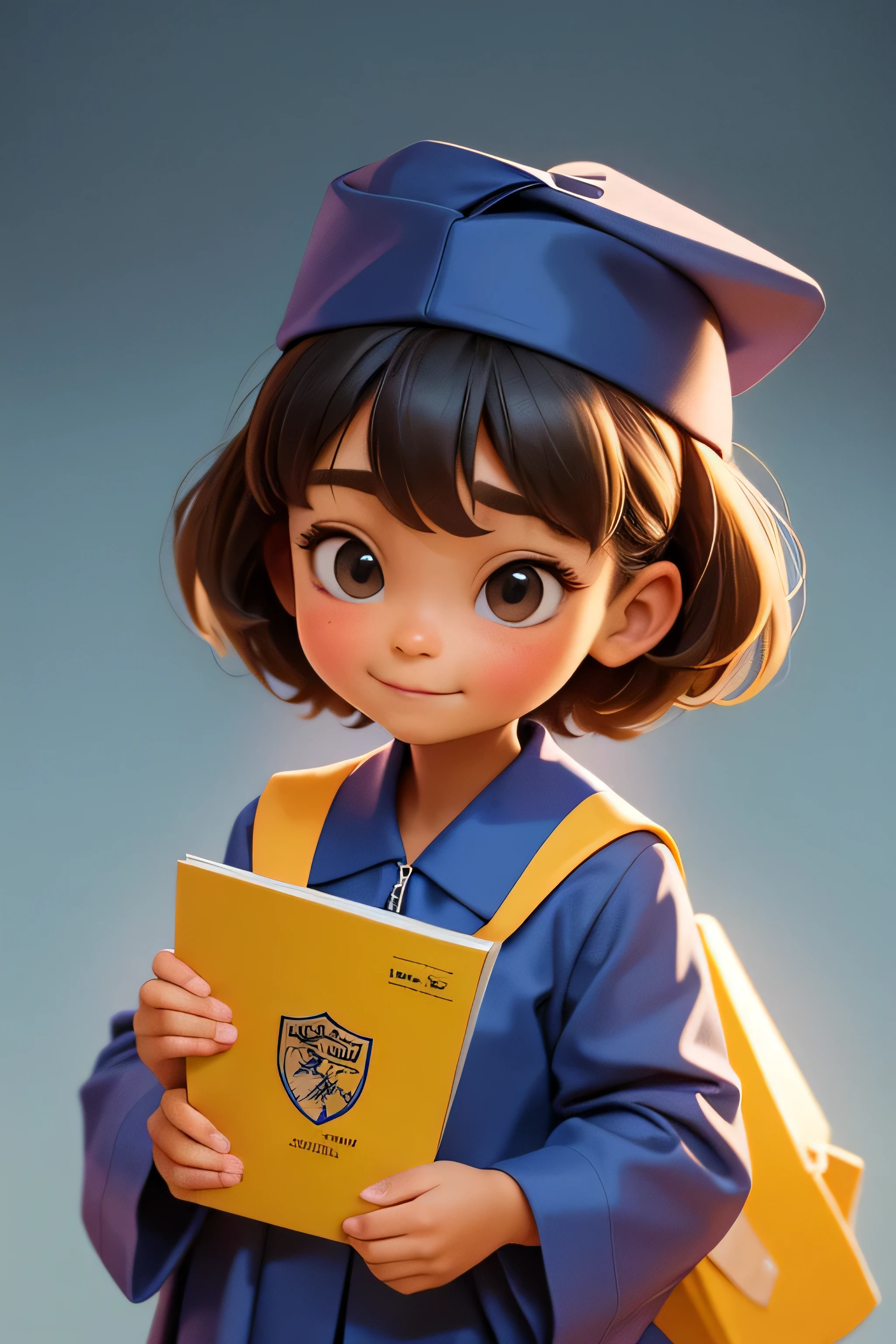 an 8 year old girl wearing a graduation gown and cap, con un diploma, wearing an academic gown, Postgrado, graduation photo, en estilo de dibujos animados de pixar, travieso, Chica de escuela,
