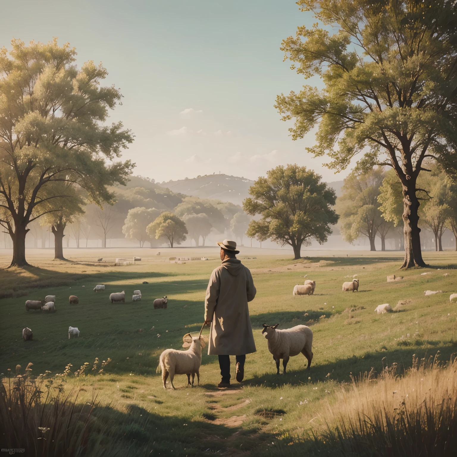 painting of a man with his sheep standing in a pasture, and him going after one that got lost, a painting inspired by Anton Mauve, unsplash, modern european ink painting, white mist painting, serene illustration, pastel style painting, pastel art, serene scene, soft painting, painting of a sandy landscape, detailed soft painting, serene landscape, in a serene landscape, scenery art, oriental scene