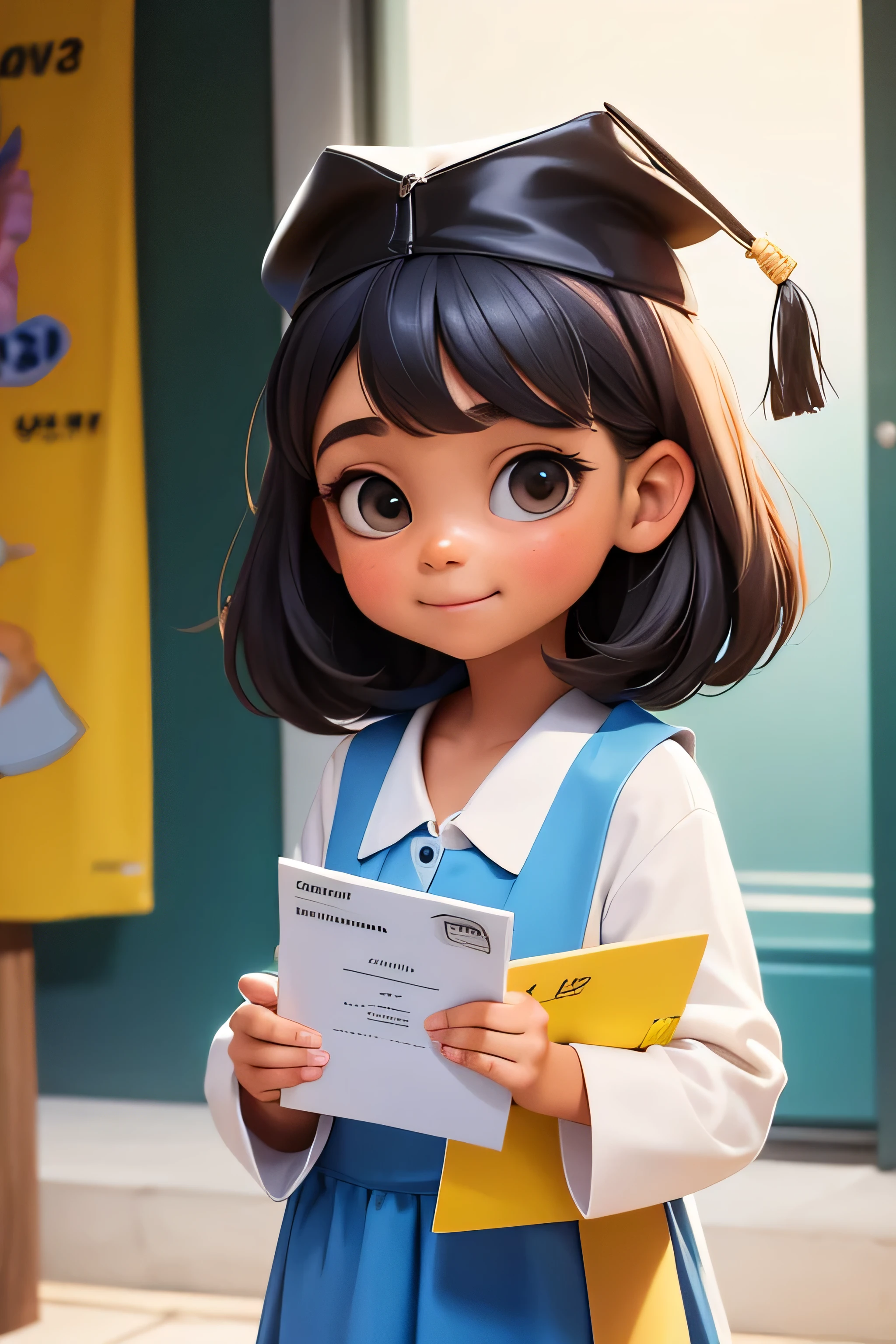 an 8  girl wearing a graduation gown and graduation cap, con un diploma, wearing an academic gown, Postgrado, graduation photo, en estilo de dibujos animados de pixar, travieso, Chica de escuela, de cuerpo completo.