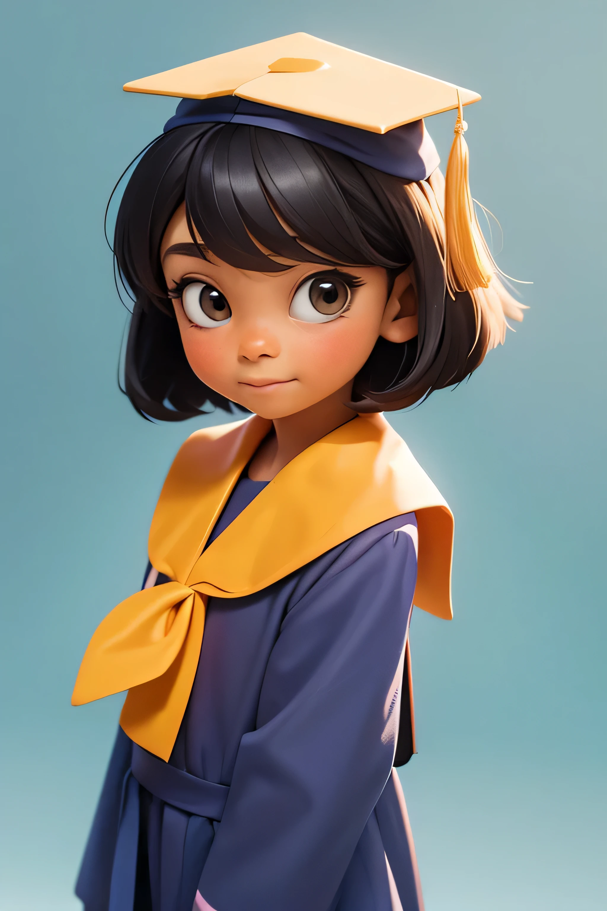an 8 year old girl wearing a graduation gown and graduation cap, con un diploma, wearing an academic gown, Postgrado, graduation photo, en estilo de dibujos animados de pixar, travieso, Chica de escuela, de cuerpo completo.