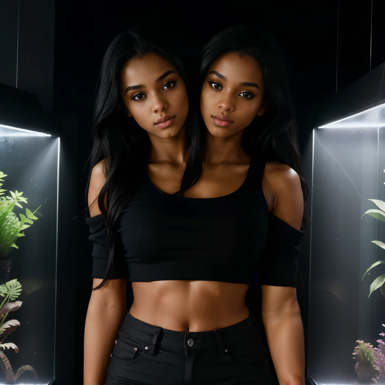 1girl, looking at the camera, 25 years old, model, long messy hair, dark-skinned, black crop top, crew neck, black shorts, upper body, aquarium, nighttime, cinematic lighting, bloom lighting, dynamic pose, conjoined_dicephalus, (two heads:1.3),