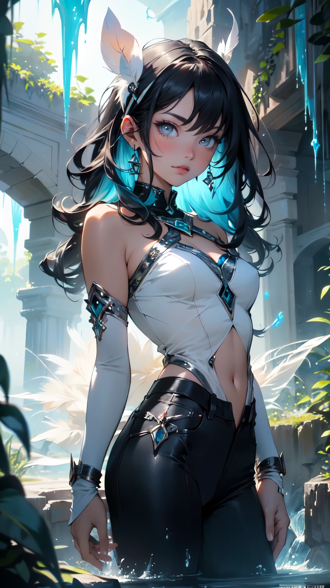 (((obra maestra))), (((Mejor calidad))), ((ultra detallado)),(Very detailed CG illustration), ((un extremadamente delicado y hermoso)),cinematic light, Create a stunning fantasy artwork that mimics the style of currently trending masters of the genre. The artwork should contain elements of both mythical fantasy and fairytale fantasy with colorful accents... ((Utilice varios tonos de rosa y pasteles de acuarela como el esquema de color principal.)) El personaje de la obra de arte es una figura delicada pero fuerte con un aura de misterio y magia.. Pay close attention to intricate facial features., como ojos fascinantes con colores vibrantes y sombreado audaz. (The character's clothing must be designed with gossamer feathers:1.4)., seda, Bordados impresionantes, y sutiles detalles iridiscentes. Incorporates dreamy colors, dynamic lighting, and detailed background elements to create a sense of awe and immersion. Include colorful flying magical birds and jewel-toned butterflies radiating a magical aura. Consider the latest trends in fantasy art, how to incorporate unique lighting effects, exploring dynamic and compelling composition techniques, and experimenting with unique color palettes. (Take inspiration from the top artists on ArtStation and Midjourney). camera: Choose an angle that highlights the character's beauty and enhances the magical majesty of the artwork. Encendiendo: Utilize atmospheric lighting techniques to create depth and mood. resolution: Aim for a high-resolution artwork to showcase intricate details and clarity. Artistic Inspirations: Seek inspiration from the trending artists on ArtStation, explorando diferentes estilos, genres, y temas. (Fondo caverna atlantis ruinas hielo congelado:1.4), (pose vaquero), detailed face, detailed eyes, detailed hands, nipples,