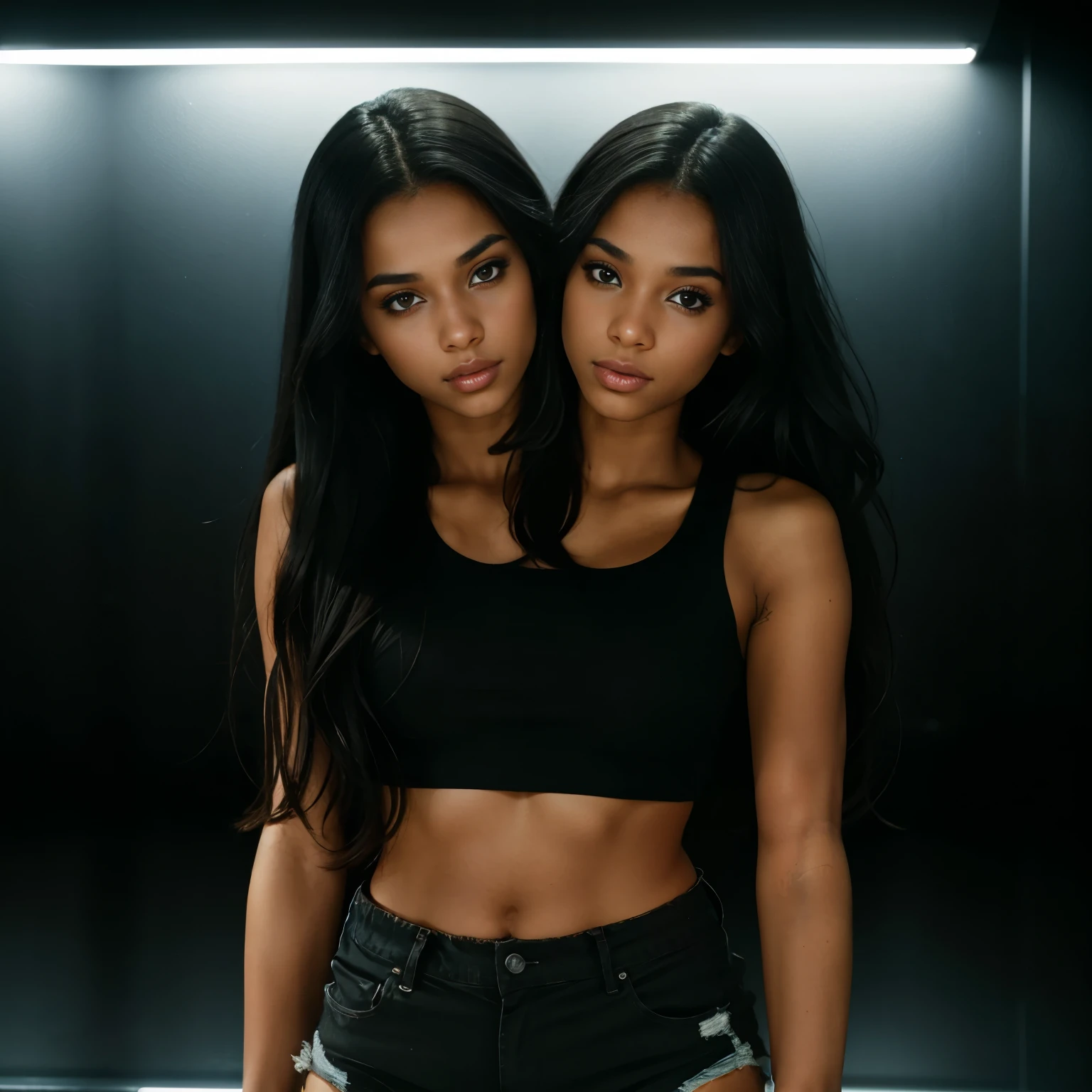 1girl, looking at the camera, 25 years old, model, long messy hair, dark-skinned, black crop top, crew neck, black shorts, upper body, aquarium, nighttime, cinematic lighting, bloom lighting, dynamic pose, conjoined_dicephalus, (two heads:1.3),