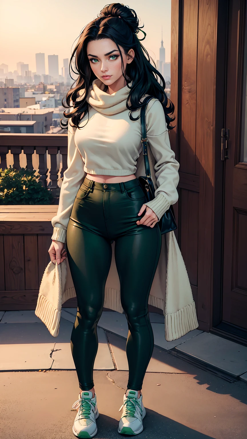(masterpiece, Best quality, A high resolution, ultra detailed),(beautiful and aesthetically pleasing:1.2), (1 woman), adult, perfect body, wavy black hair, ((green eyes)), detailed eyes and face, (full body),  Casual Movie Night Outfit: Oversized sweater, Leggings, Sneakers, Crossbody bag, Messy bun hairstyle, Cozy blanket scarf
