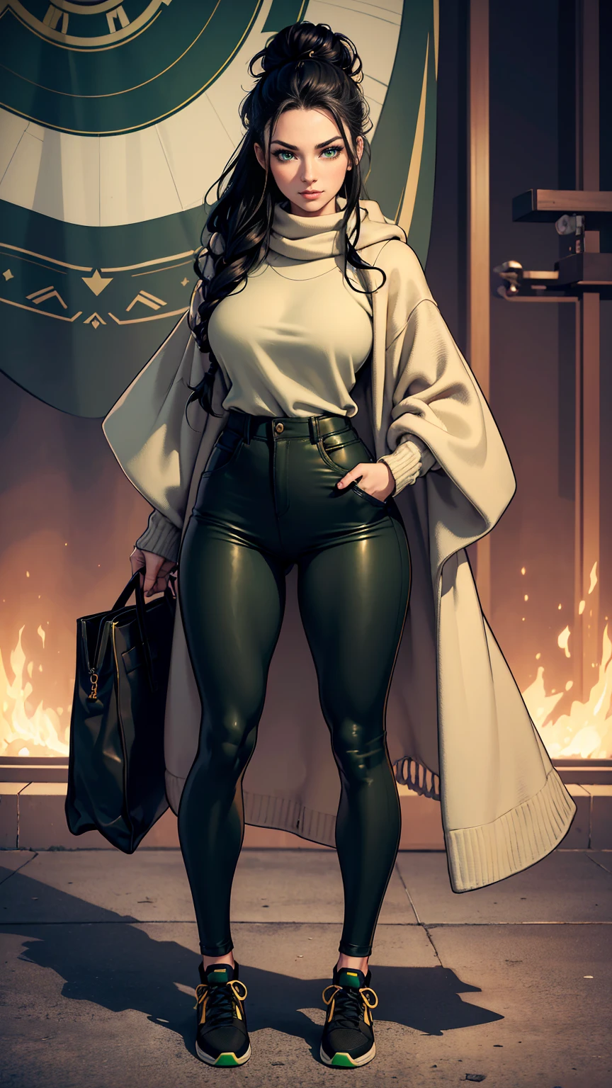 (masterpiece, Best quality, A high resolution, ultra detailed),(beautiful and aesthetically pleasing:1.2), (1 woman), adult, perfect body, wavy black hair, ((green eyes)), detailed eyes and face, (full body), Casual Movie Night Outfit: Oversized sweater, Leggings, Sneakers, Crossbody bag, Messy bun hairstyle, Cozy blanket scarf