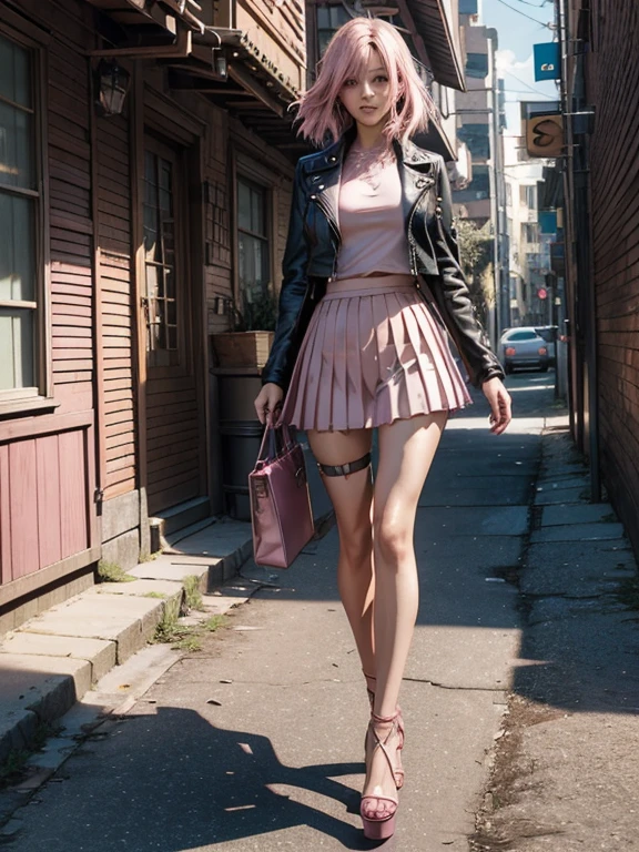 ((On a platform of shiny shards of brownish-pink paint)) is a slim girl ((smilling)) ((full body))wearing pink long, block heel close point tip with long straps attached to her tall, slim, slender,curvy legs.She also wears a. ((( pleated ))) mini lace skirt with ((holes)) her. Crop leather jacket has pink zebra stripes down the side of the sleeves, Her green curly hair shoots up. Vertical and flutters in the winds. CircLing around her ((cute face, high lights in hair, Pink eyes, ((best graphic)) artgem, (((Square Enix Images))) Wlop, 3D animation,Cinematic Still, vignette, color graded, post-processed, cinematic lighting, 35mm film, live-action, best quality atmospheric, a masterpiece, epic, stunning, dramatic