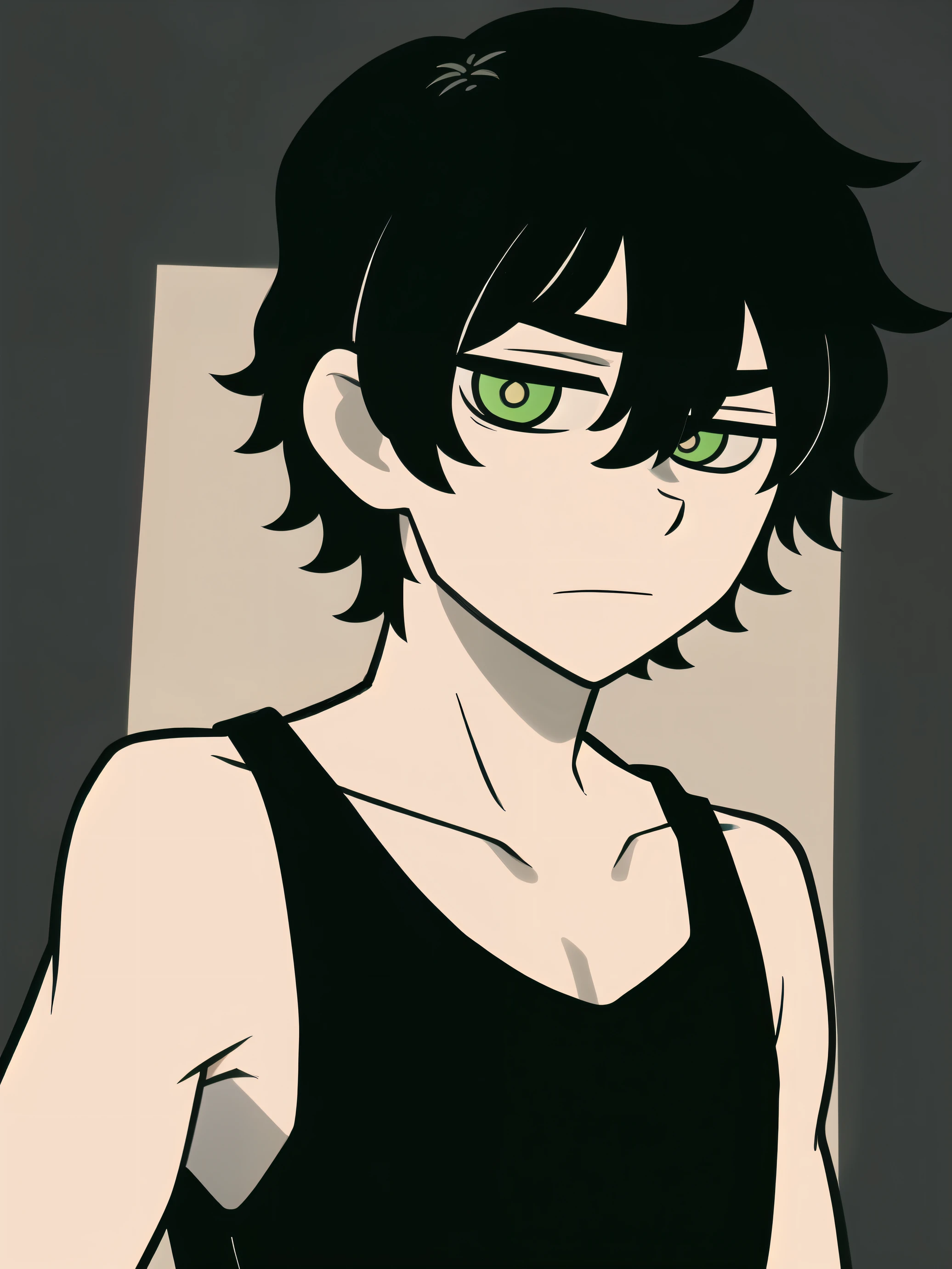 monochrome,tcoaal, solo, looking at viewer, short hair, shirt, 1boy, hair between eyes, closed mouth,black hair, Little andy, green eyes, upper body, ahoge, Tank top, male focus, black background, messy hair, bright pupils, outline, white pupils, , white outline,
