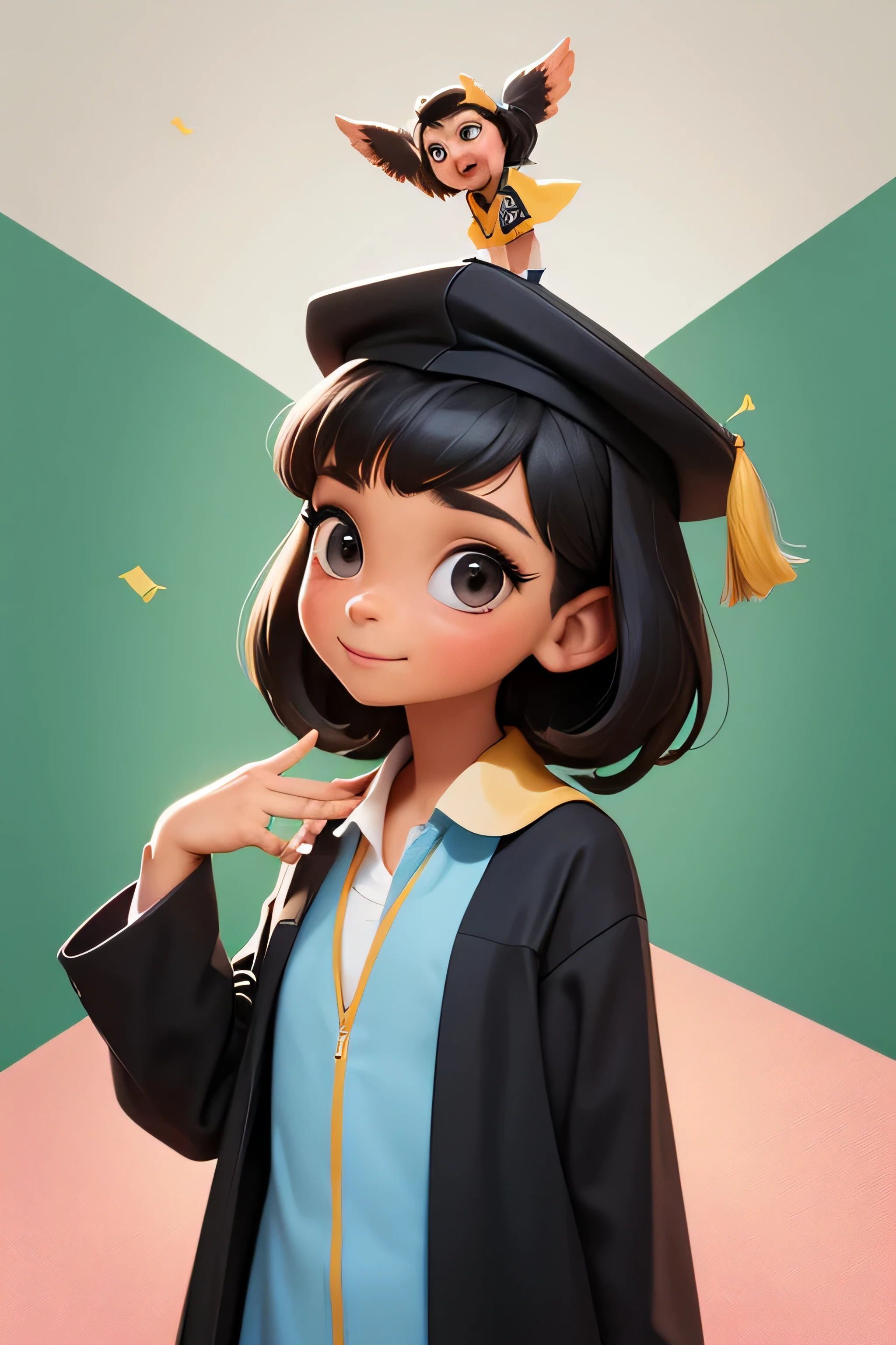A full-bodied girl, from 8 , with a graduation gown and graduation cap, con un diploma, wearing an academic gown, Postgrado, graduation photo, en estilo de dibujos animados de pixar, travieso, Chica de escuela, de cuerpo completo.