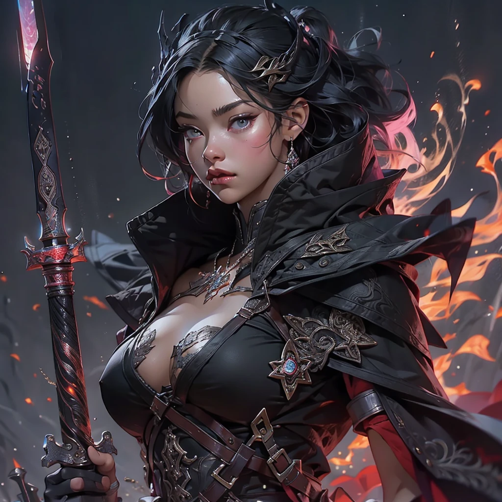 Arabesque woman in black with sword and glowing ball, Wallop and Krentz Kuschaert, Uropa Art, Kschaert Krentz Key Art Feminine, art of Wlop, Complex, art of Wlop and greg rutkowski, Los Tran and Europ, Lostrun 8k, Shiny skin