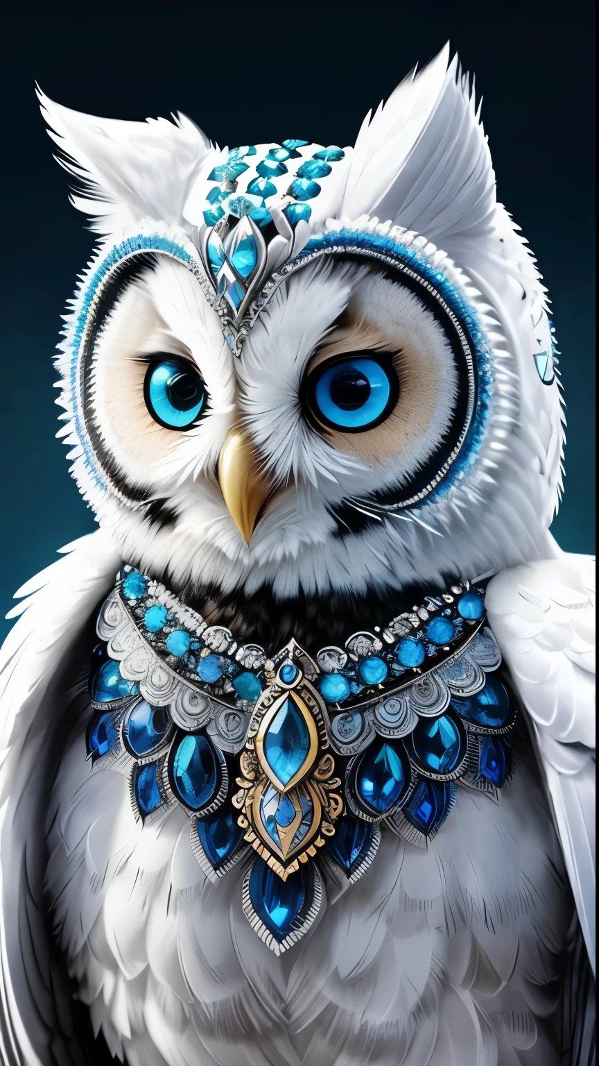 A closeup of a white owl with blue eyes and a necklace, Animales lindos detallados, radiant owl, Owl Assistant, bright white owl, hermosa reina perla animal, hyper realistic robot owl, con hermosos ojos detallados, Cute owl, Ilustraciones detalladas de alta calidad de 8k, the wisest of all owls, Jeweler&#39;s, glowing owl, hermoso arte digital detallado