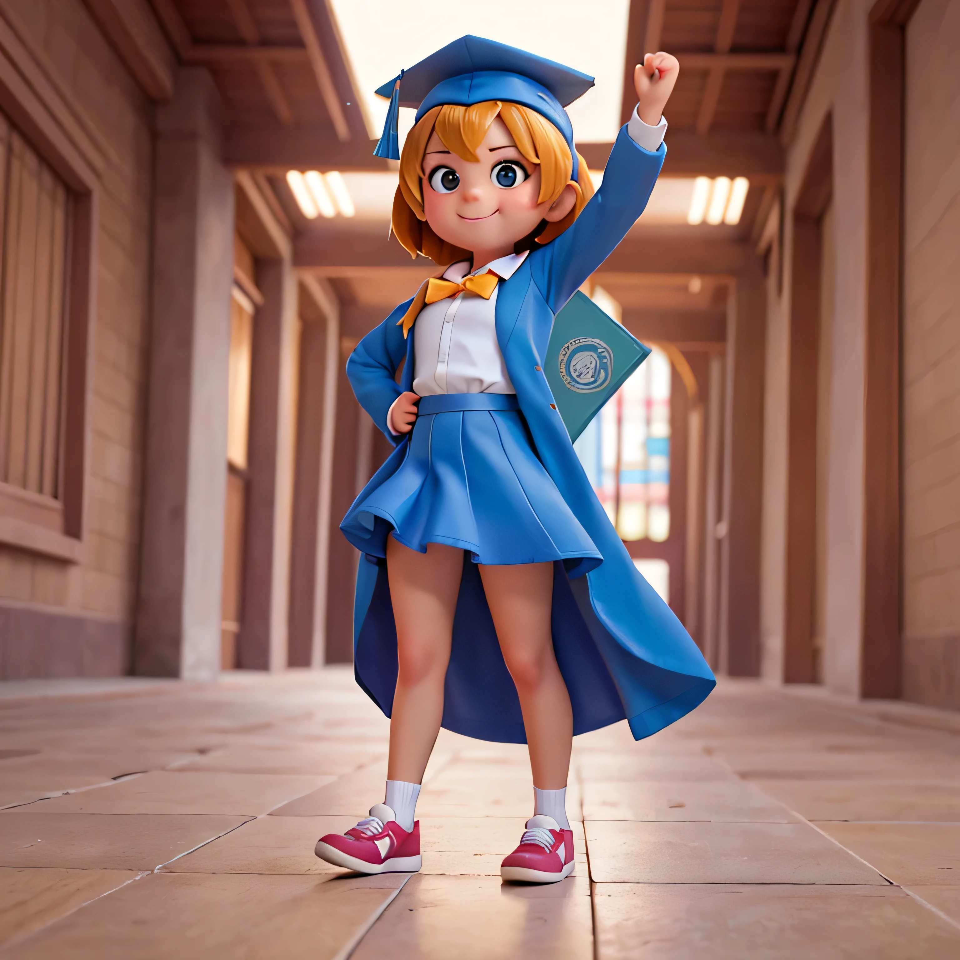A full-bodied girl, from 8 years old, with a graduation gown and graduation cap, con un diploma, wearing an academic gown, Postgrado, graduation photo, en estilo de dibujos animados de pixar, travieso, Chica de escuela, de cuerpo completo.