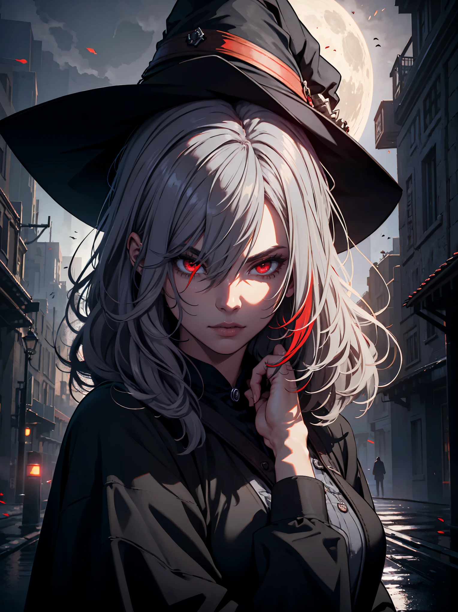 (highest quality,Super detailed),bright red eyes,gray hair,Young Mature,witch,Colored smoke,night background,full moon,dark atmosphere,sharp focus,concept artist,portrait,dramatic lighting