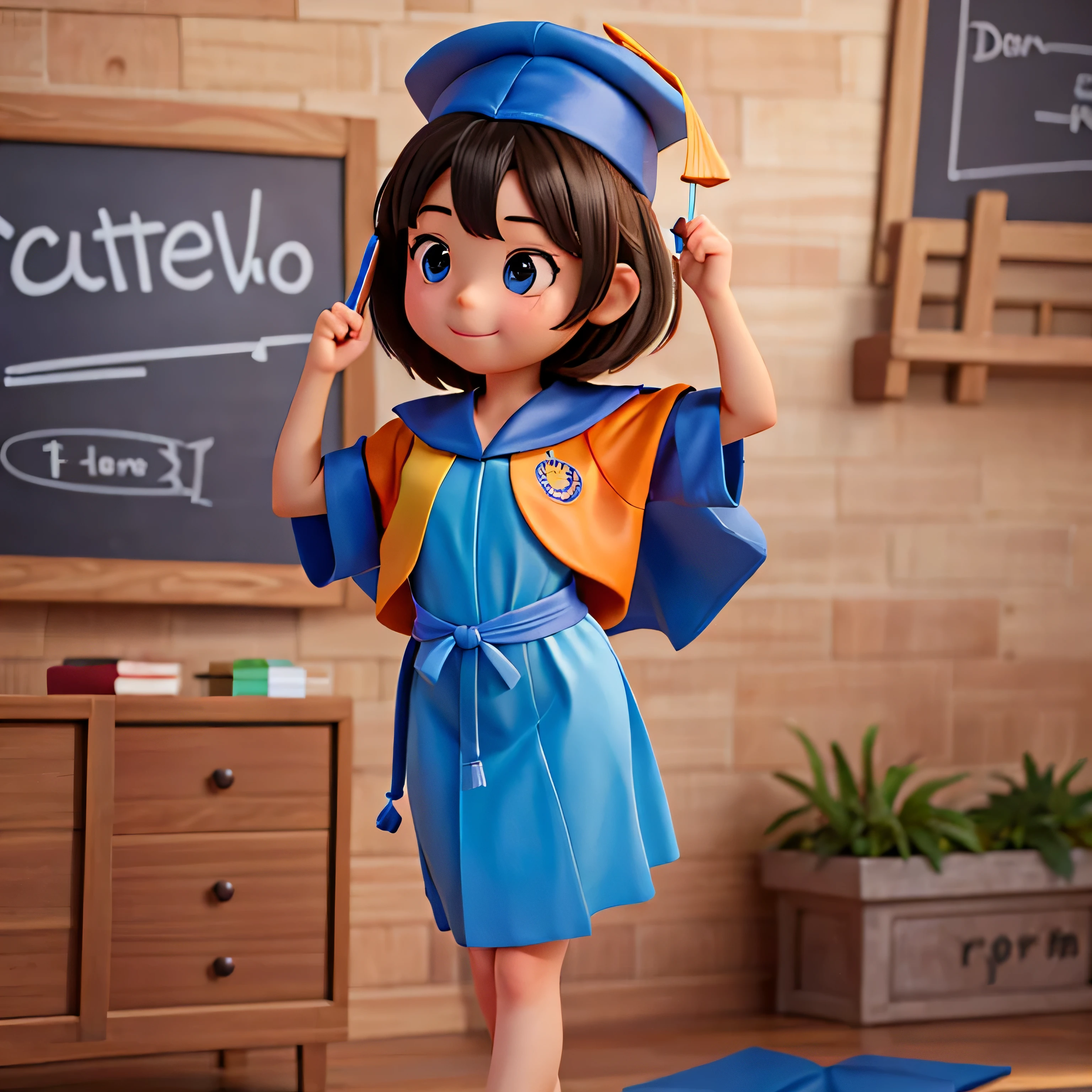 A full-bodied girl, from ***********, with a graduation gown and graduation cap, con un diploma, wearing an academic gown, Postgrado, graduation photo, en estilo de dibujos animados de pixar, travieso, Chica de escuela, de cuerpo completo.