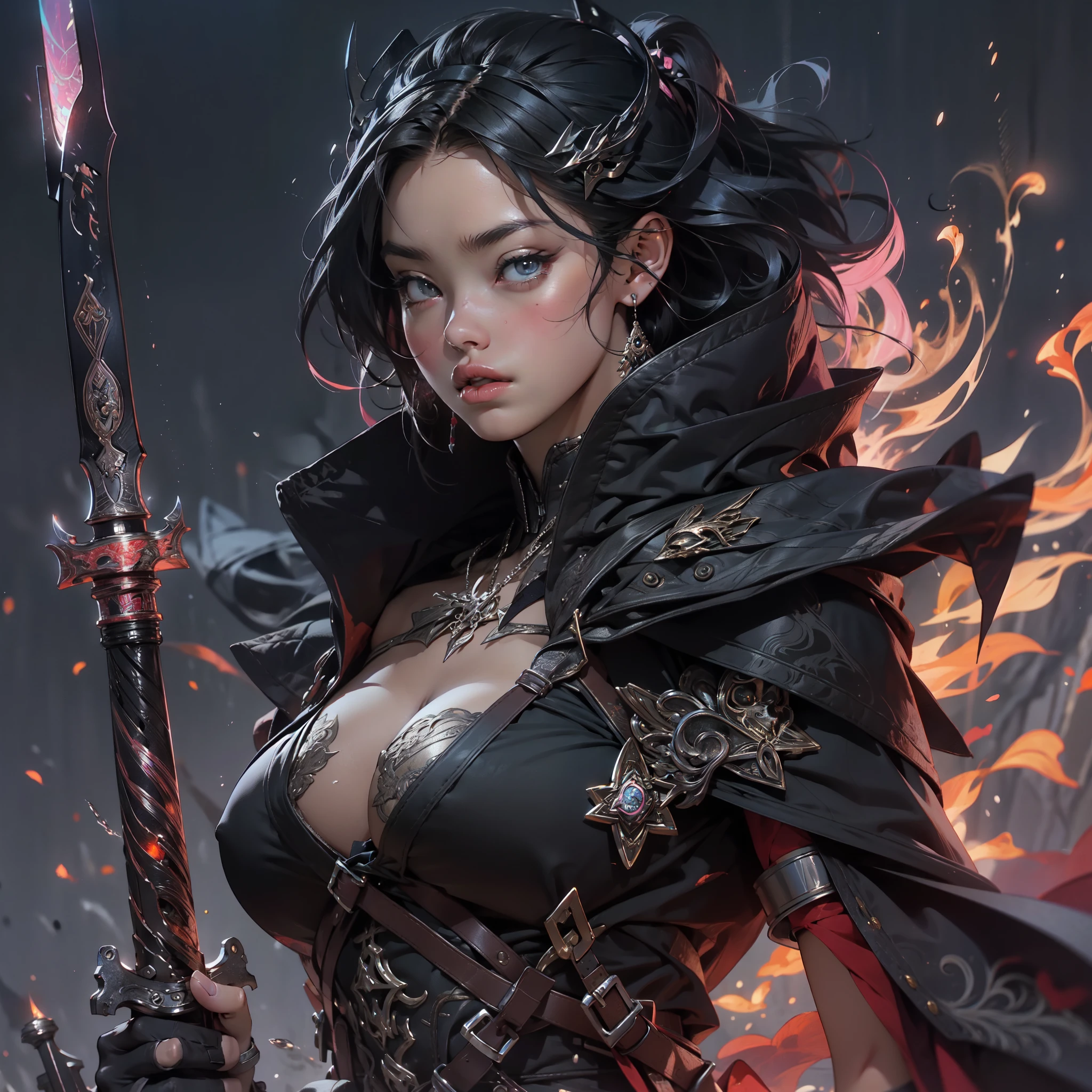 There is a woman in a black outfit, Holding the Sword, Ross Tran 8 k, 3d rendered character art 8 K, Ross Tran style, by Russell Dongjun Lu, in the style of Ross Tran, stunning character art, artwork in the style of the quiz, hyperdetailed fantasy character, by Ross Tran!!!, ross-draws 1. 0, epic exquisite character art