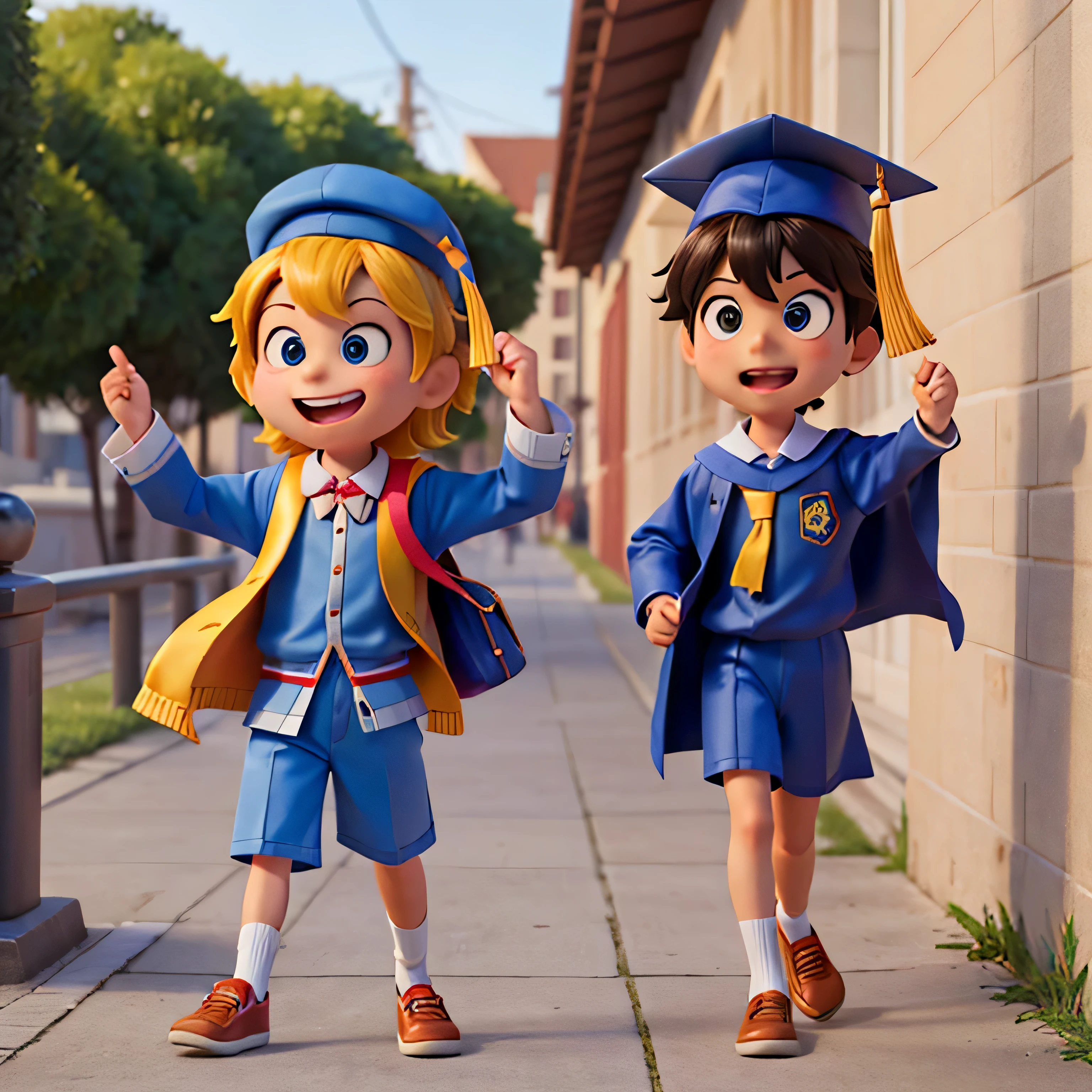 a full body male , from 8 years old, with a graduation gown and graduation cap, con un diploma, wearing an academic gown, Postgrado, graduation photo, en estilo de dibujos animados de pixar, travieso, Chica de escuela, de cuerpo completo.