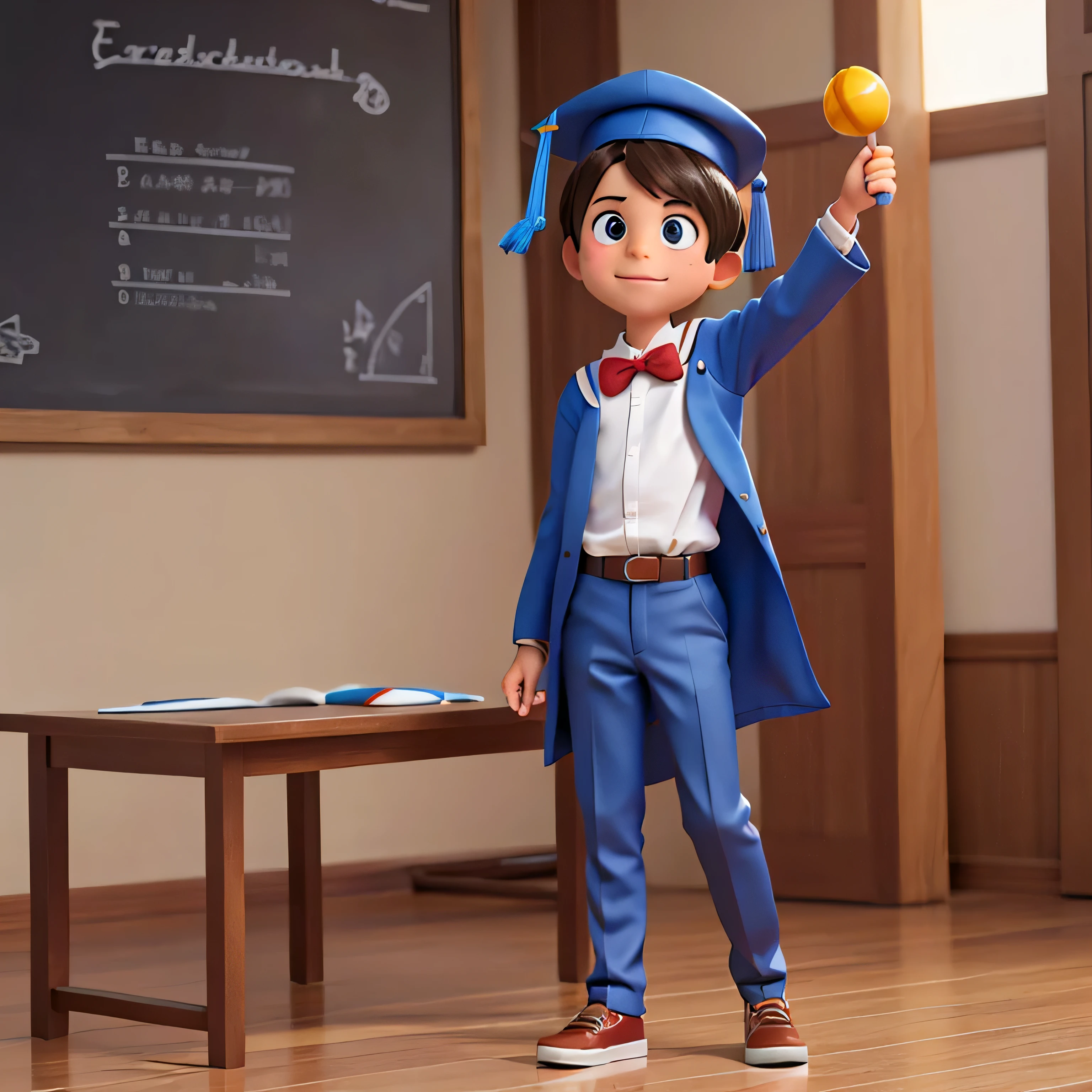 a full body male , from 8 years old, with a graduation gown and graduation cap, con un diploma, wearing an academic gown, Postgrado, graduation photo, en estilo de dibujos animados de pixar, travieso, Chica de escuela, de cuerpo completo.