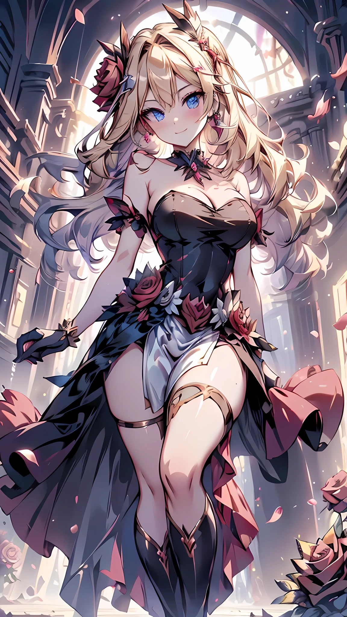 (masterpiece), best quality, expressive eyes, perfect face,1girl,collarbone, bracelet, high heels,blonde hair,cleavage,(dark red and white strapless long dress with a rose corsage:1.3),(bare shoulders),big breasts,cityscape,nightlights,dynamic angle,smiles,standing,head tilt,sexy pose,portrait close-up,(blue eyes:1.1),hair flower,bangles,thighhigh boots