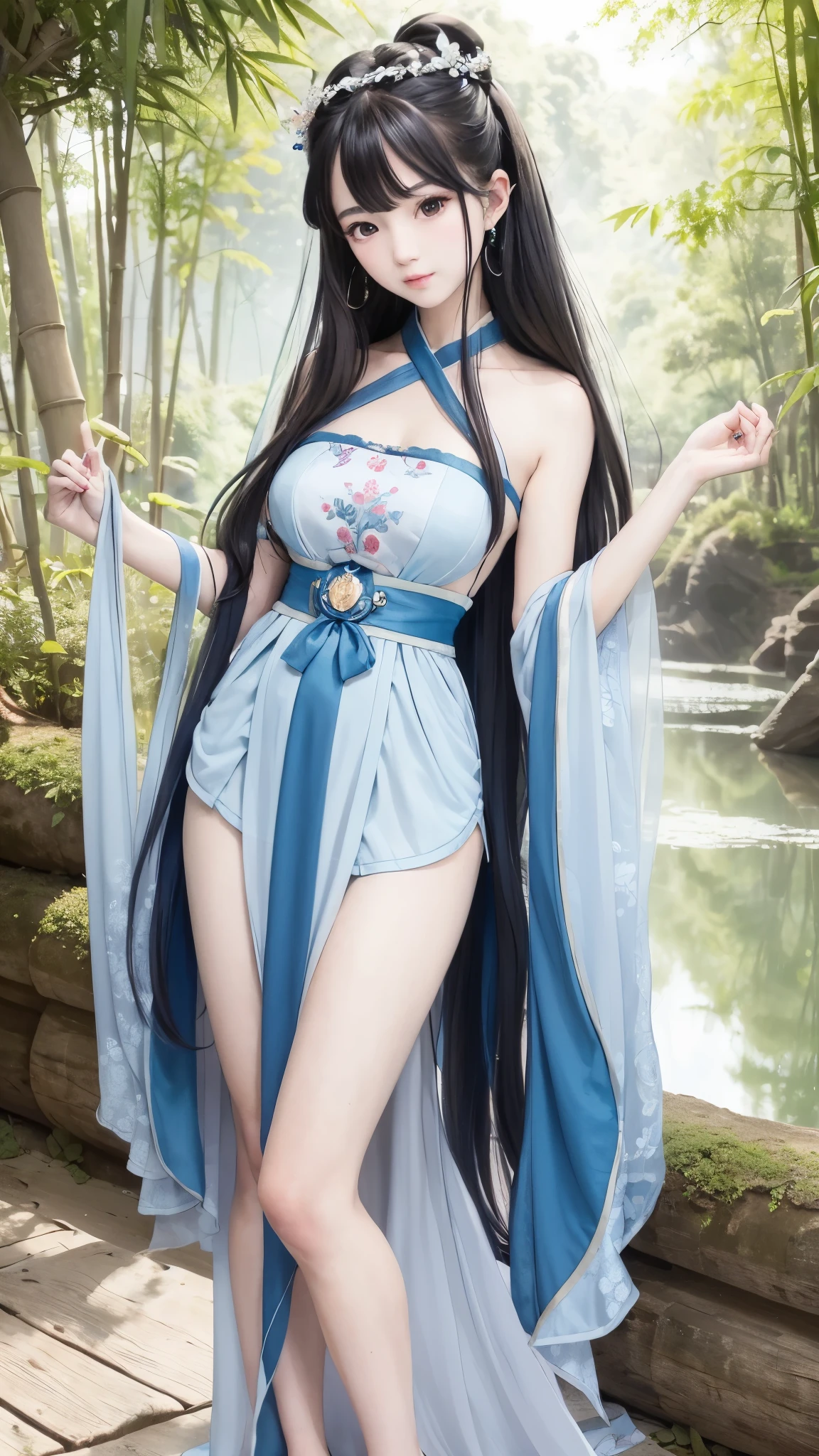 masterpiece, best quality, official art, 8k wallpaper, highly detailed, illustration, 1 girl, Azure hair, long hair, detailed eyes, forrest, bare shoulders, hanfu,lakes, pure, soft smile,bamboo,Tea