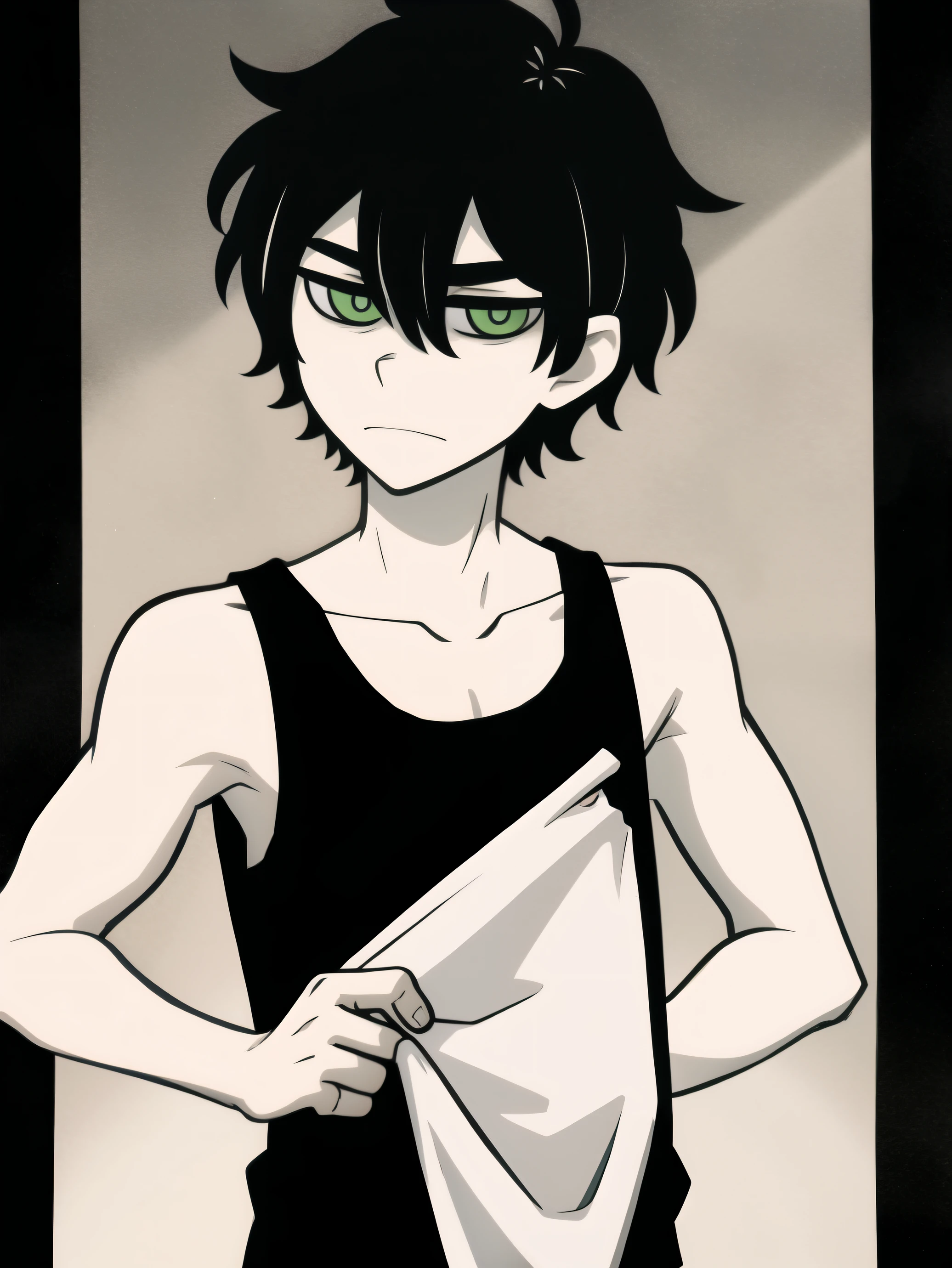 monochrome,tcoaal, solo, looking at viewer, short hair, 1boy, hair between eyes, closed mouth,black hair, Little andy, green eyes,  Body, ahoge, Tank top, Slim body, male focus, black background, messy hair, bright pupils, outline, white pupils, , white outline, ( boy), (very small and short body)