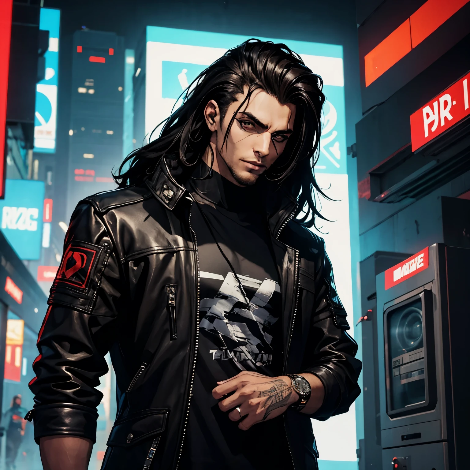 Homem, Cabelo preto, estiloso, jaqueta preta, camiseta,branca, Cyberpunk