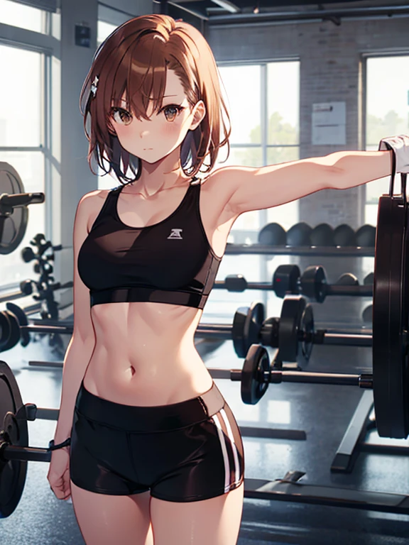 A masterpice, 4K, best quality, Misaka_mikoto　ribbon from, Sports Bra, Latex Shorts, are standing, arms folded,、cool expression　Beautiful gym, brown-eyed, Short_hair, Small_Breast, looking at the viewers, levanta pesas