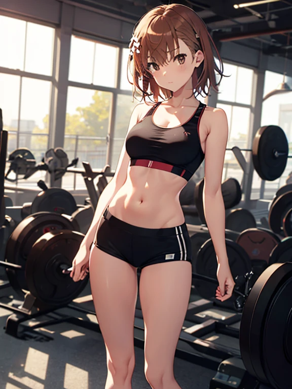 A masterpice, 4K, best quality, Misaka_mikoto　ribbon from, Sports Bra, Latex Shorts, are standing, arms folded,、cool expression　Beautiful gym, brown-eyed, Short_hair, Small_Breast, looking at the viewers, levanta pesas