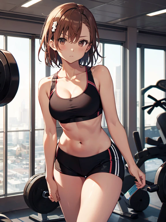 A masterpice, 4K, best quality, Misaka_mikoto　ribbon from, Sports Bra, Latex Shorts, are standing, arms folded,、cool expression　Beautiful gym, brown-eyed, Short_hair, Small_Breast, looking at the viewers, levanta pesas