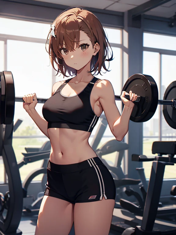 A masterpice, 4K, best quality, Misaka_mikoto　ribbon from, Sports Bra, Latex Shorts, are standing, arms folded,、cool expression　Beautiful gym, brown-eyed, Short_hair, Small_Breast, looking at the viewers, levanta pesas