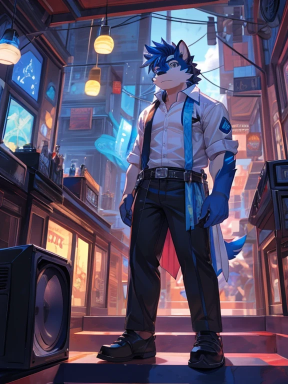 Chico lobo, colo pelaje cafe y cafe crema, color de ojos azul, flaco, alto, perspectiva de frente, toma de torso hacia arriba, camisa negra mangas blancas, pantalon holgado color azul marino, cute, cinturon negro, zapatos rojos lineas negras, medias blancas a rayas, objeto que sostiene un microfono, escenario urbano con un speaker en el centro