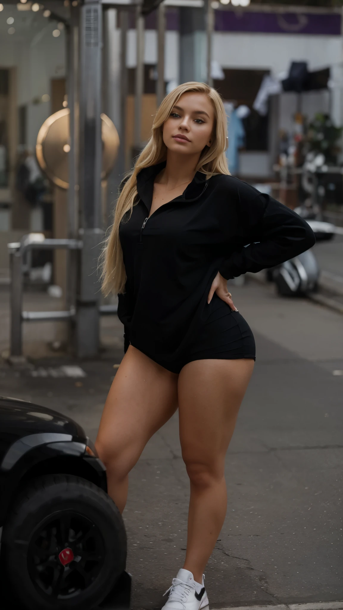 Make blonde Amanda in this same pose wearing an identical outfit in an identical setting, cabelo loiro