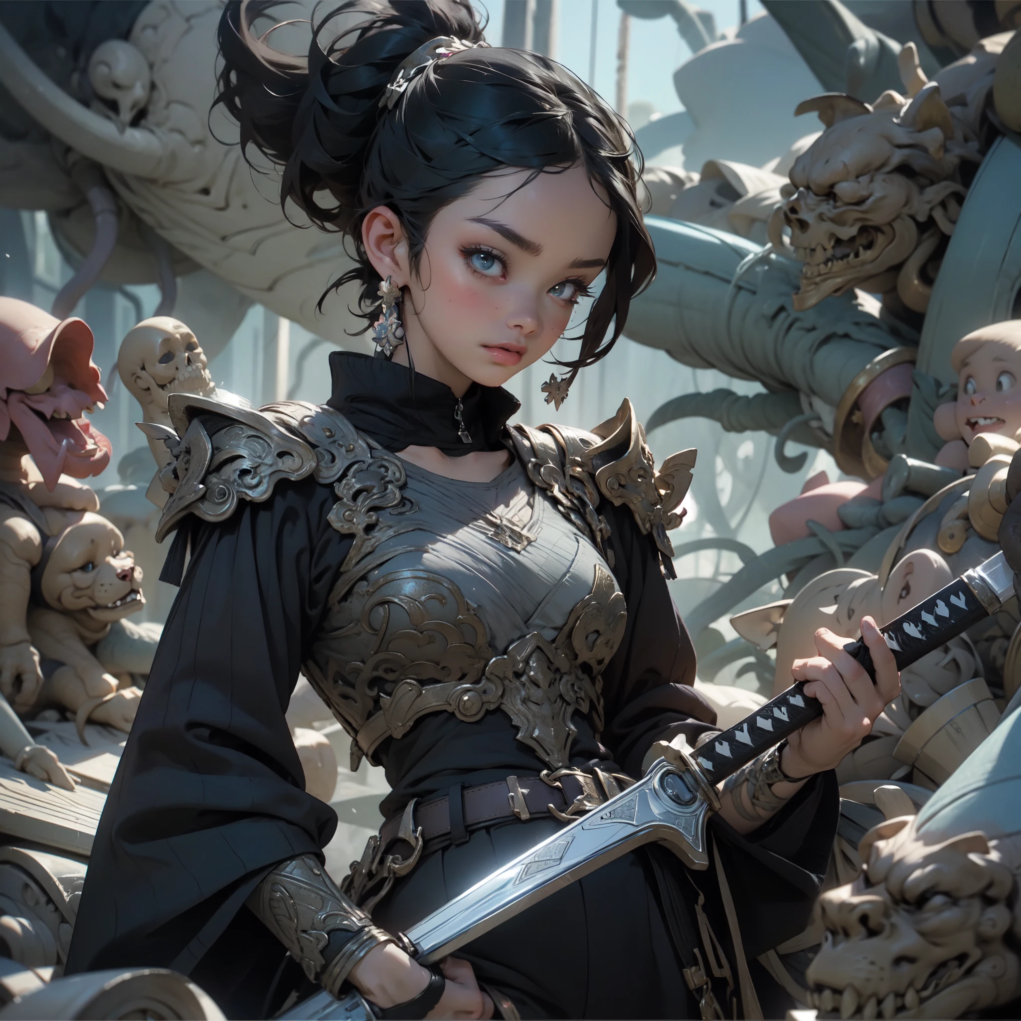 There is a woman in a black outfit, Holding the Sword, Ross Tran 8 k, 3d rendered character art 8 K, Ross Tran style, by Russell Dongjun Lu, in the style of Ross Tran, stunning character art, artwork in the style of the quiz, hyperdetailed fantasy character, by Ross Tran!!!, ross-draws 1. 0, epic exquisite character art