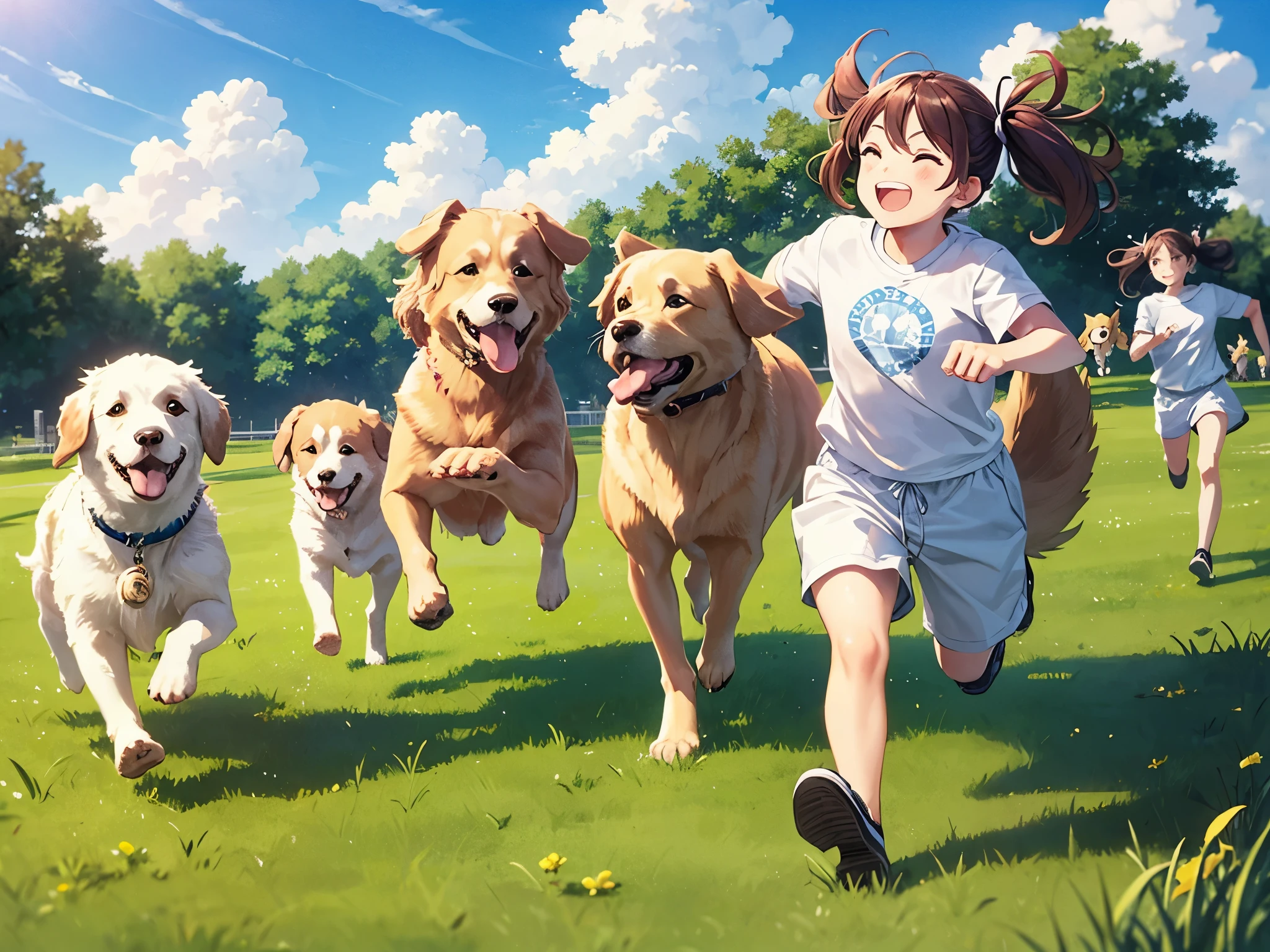 light blue long hair、Beautiful girl with twin tails、Running with a golden retriever、A happy smile、Dynamic mode、Golden retriever and five puppies, Running through the grass park、blue sky、White cloud