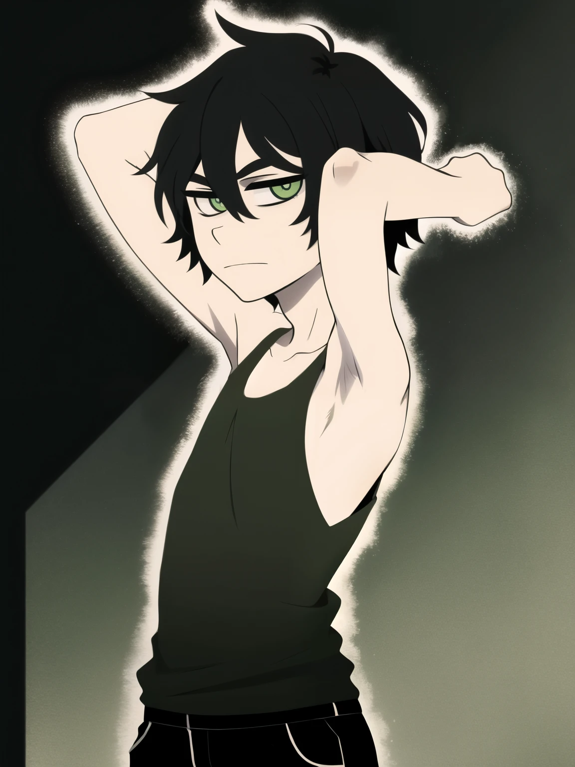 monochrome,tcoaal, solo, looking at viewer, short hair, 1boy, hair between eyes, closed mouth,black hair, Little andy, green eyes, Body, ahoge, Tank top, Slim body, (Showing armpit:1.3), male focus, black background, messy hair, bright pupils, outline, white pupils, white outline, ( boy), (Very small and short body)