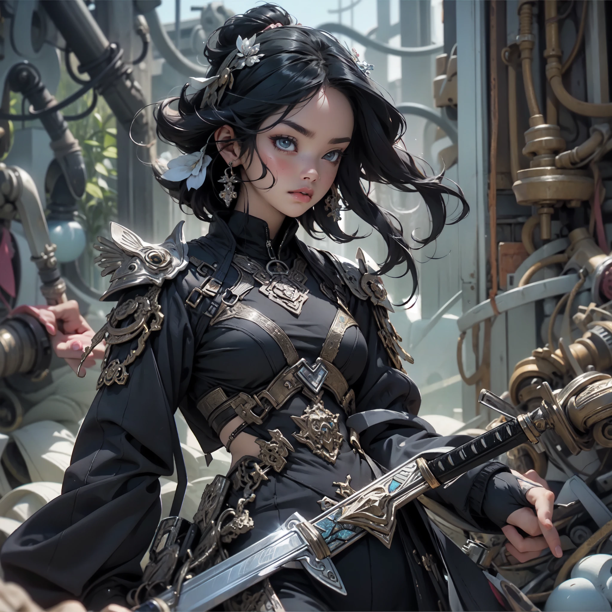 There is a woman in a black outfit, Holding the Sword, Ross Tran 8 k, 3d rendered character art 8 K, Ross Tran style, by Russell Dongjun Lu, in the style of Ross Tran, stunning character art, artwork in the style of the quiz, hyperdetailed fantasy character, by Ross Tran!!!, ross-draws 1. 0, epic exquisite character art