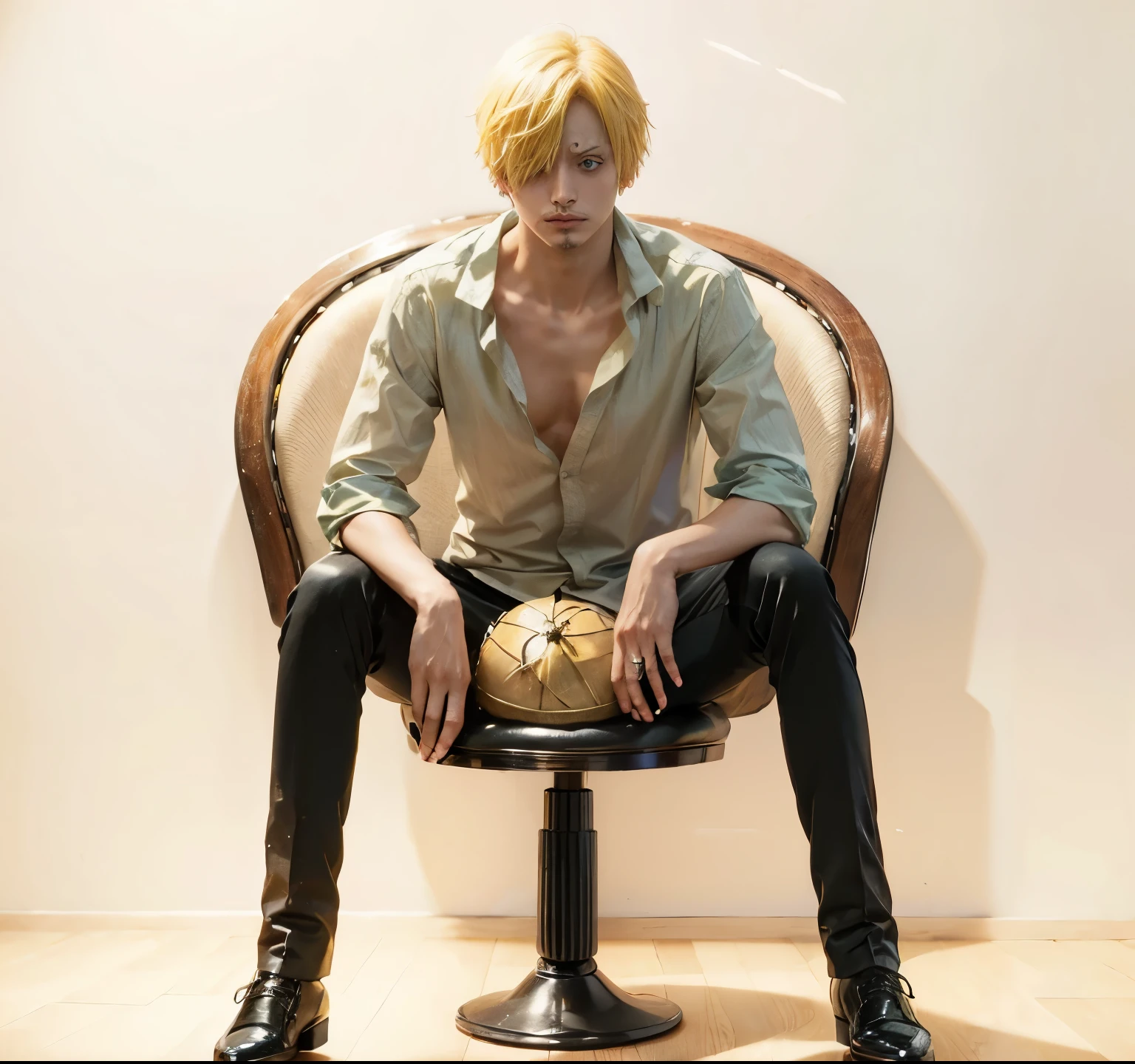 1 man, Sanji from the anime One Piece, short hair , yellow hair, black eye, good looking, black clothes, realistic clothes, details clothing, background in the room, Super detailed, realistic