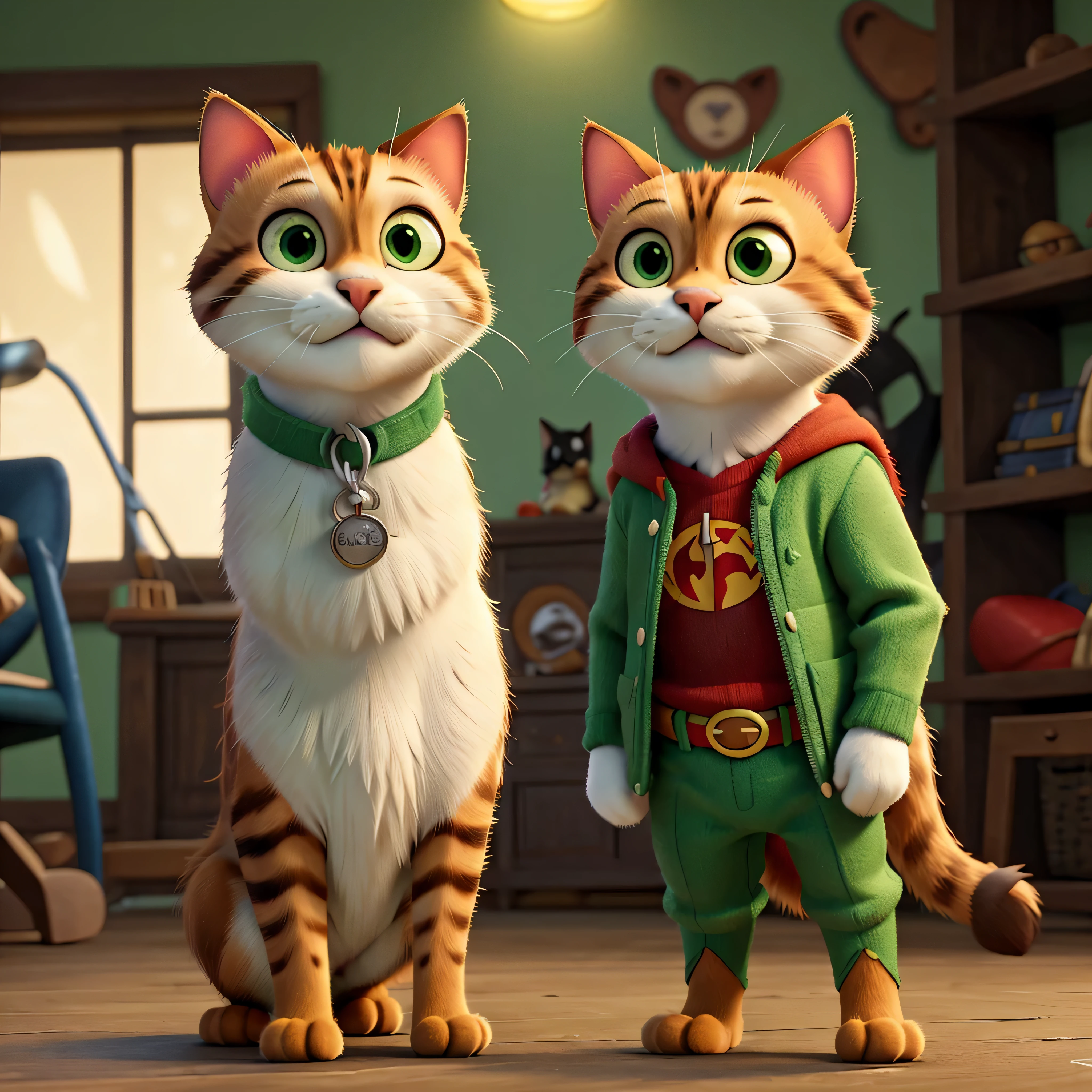 A pixar cat of Robin from Batman. Green and red superhero suit