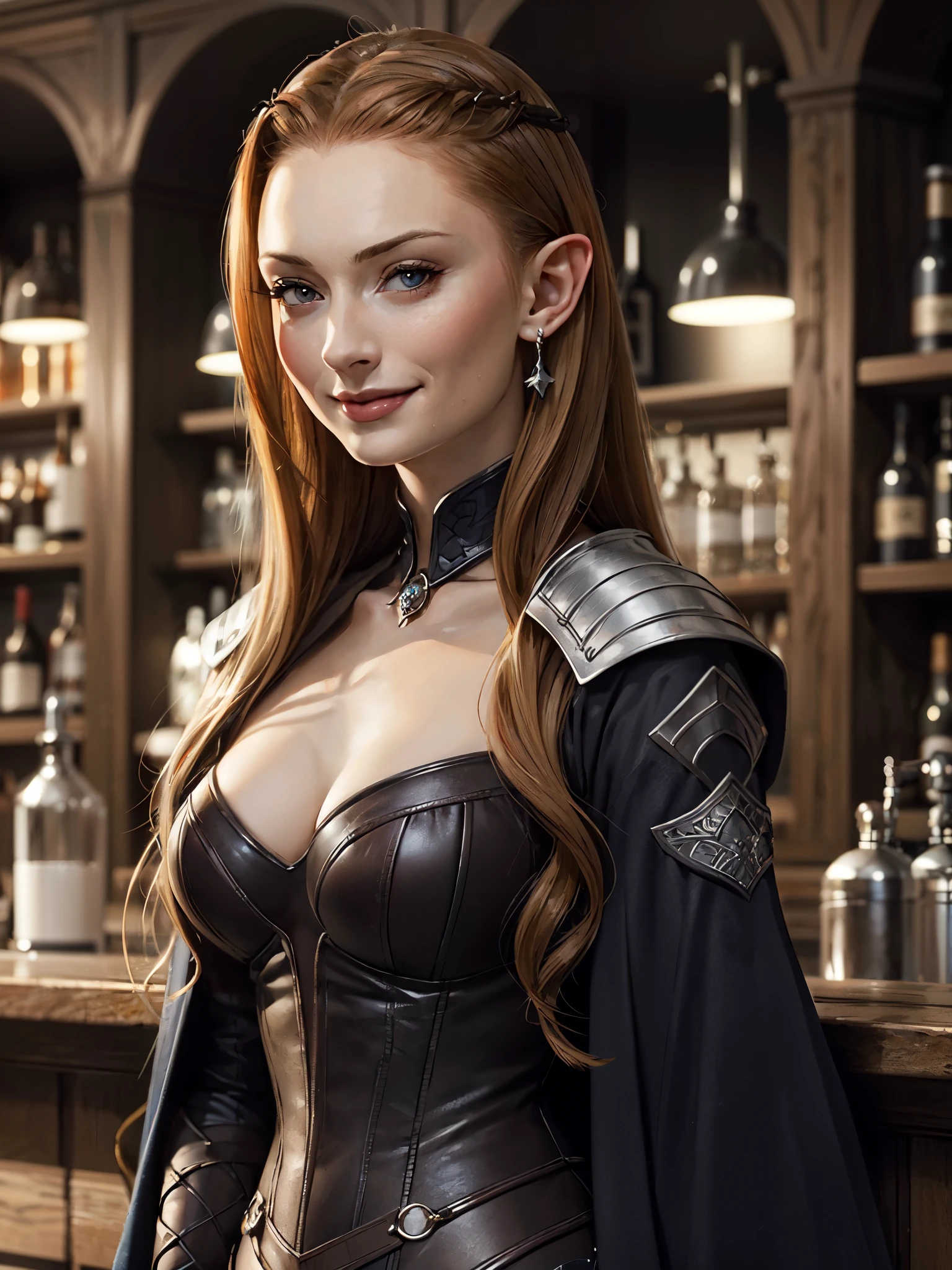 beautiful elf in bar, BREAK, 1girl, pointed ear, glowing diffusion lighting, detailed face, smile, blurry background, sophie turner, sansa stark, stunning, alluring, pierced eyes, erotic medieval costume, deep cleavage, detailed skin, (realistic:1.3), (full body:0.8), 