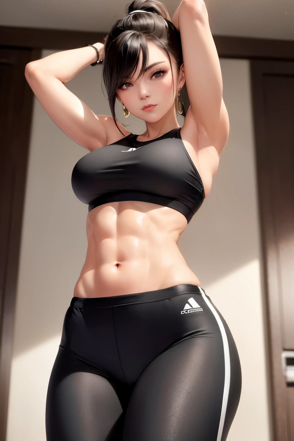 A slender and gorgeous woman, with a narrow waist and an understated allure, dons a fitted gym outfit. Her toned abs are highlighted by the low-waist shorts she wears, and her ponytail swings gracefully as she moves. The highly detailed image captures every curve of her figure, from the defined muscles of her arms to the sculpted lines of her abs. The navel piercing adds a touch of personality to her look. The gym outfit clings to her body, revealing a hint of her midriff and adding an element of sensuality to her workout attire.